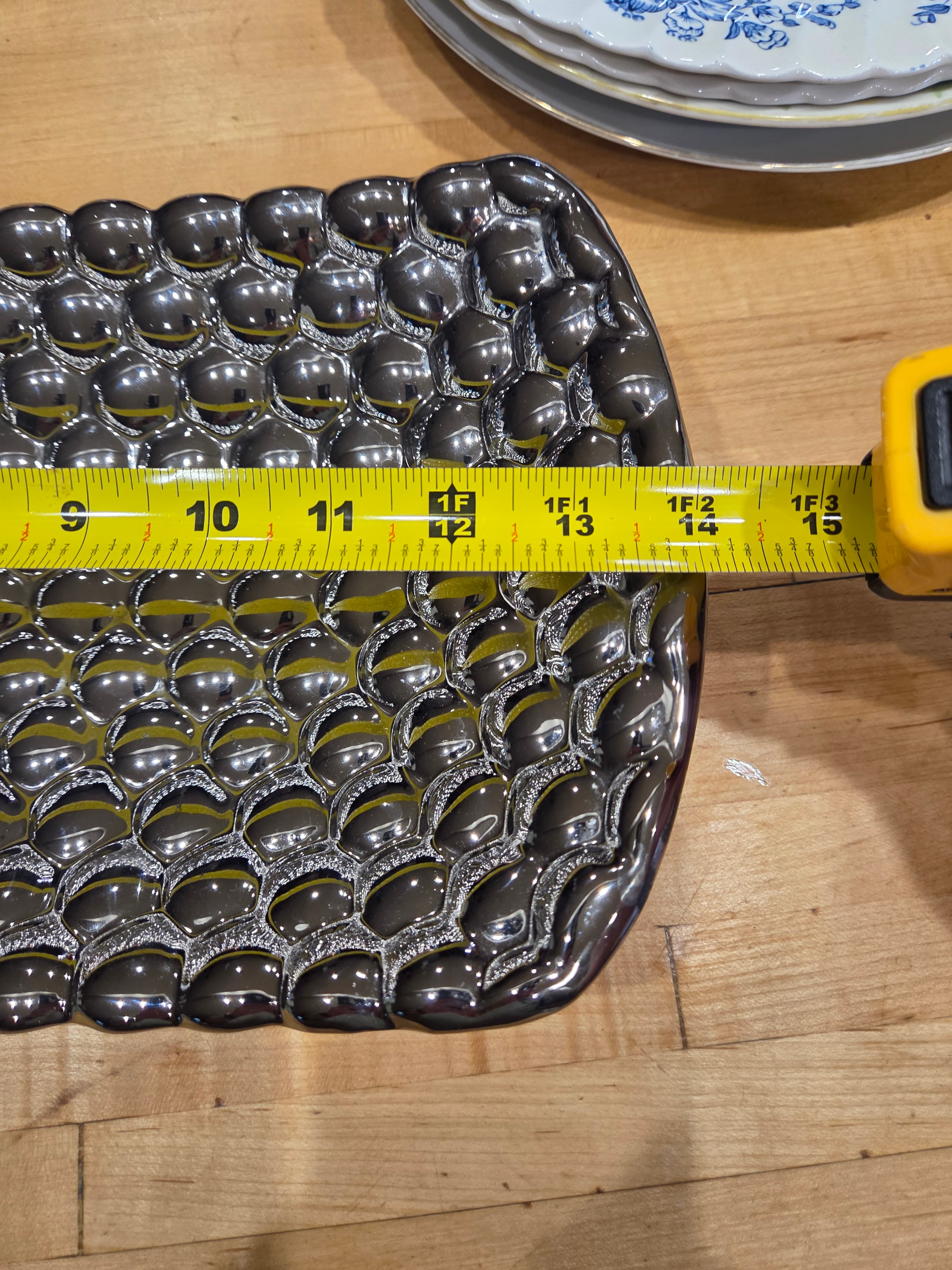 Modern Metallic Hematite Bubble Textured Ceramic Oblong Platter 14 Inch - Thumbnail 2