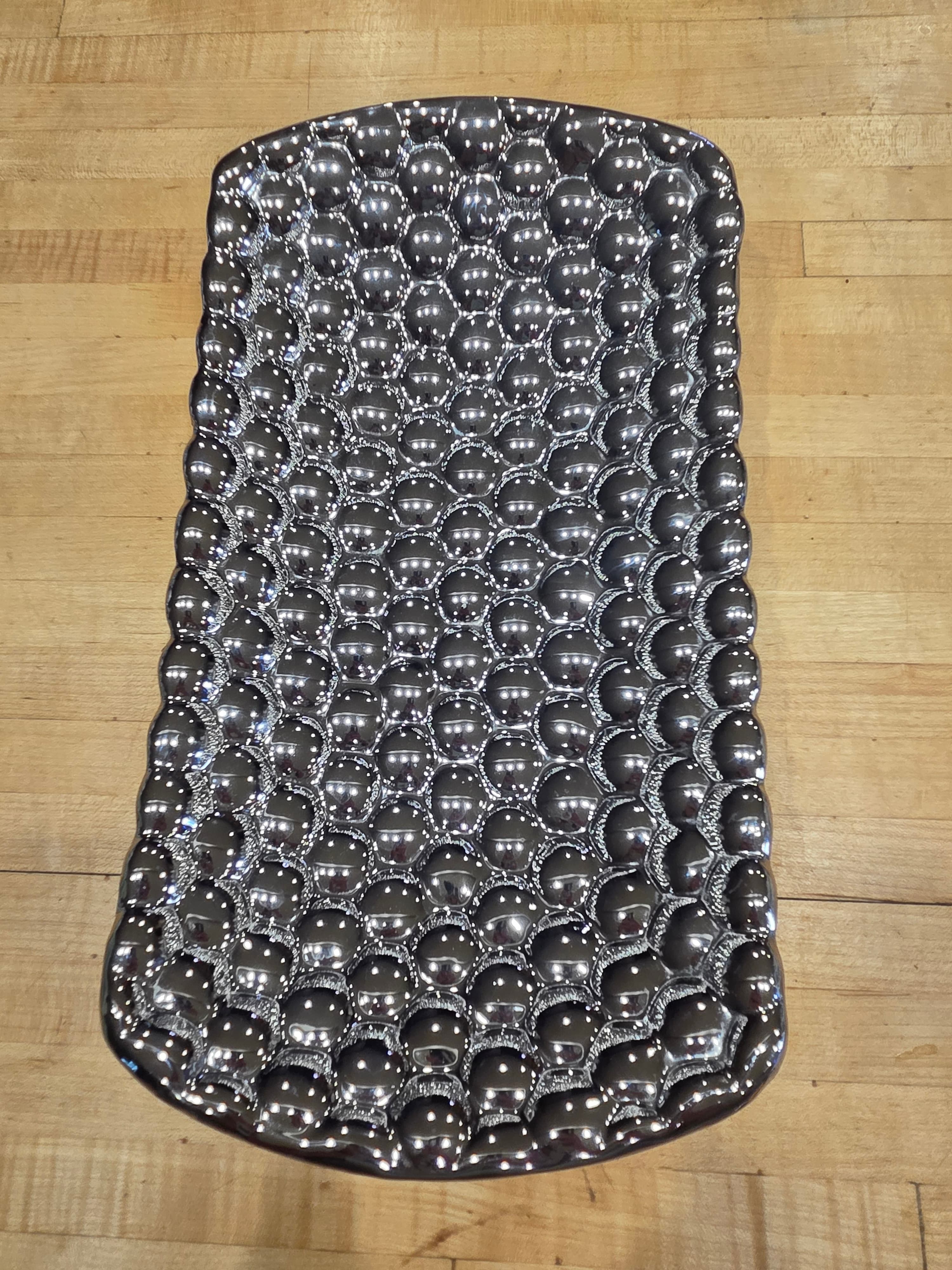 Modern Metallic Hematite Bubble Textured Ceramic Oblong Platter 14 Inch - Thumbnail 3