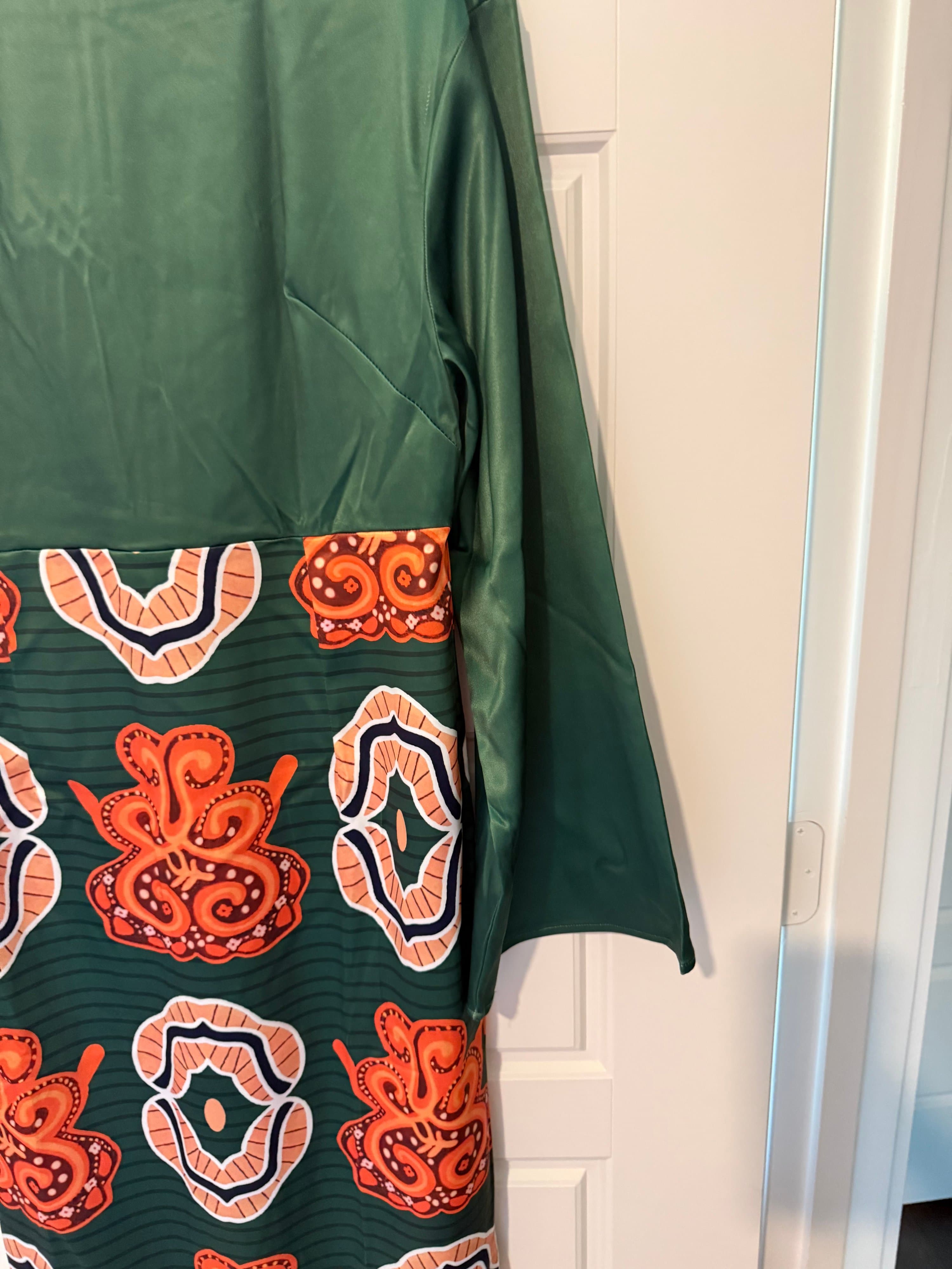 Oshoplive Green and Orange Patterned Dress - Thumbnail 4