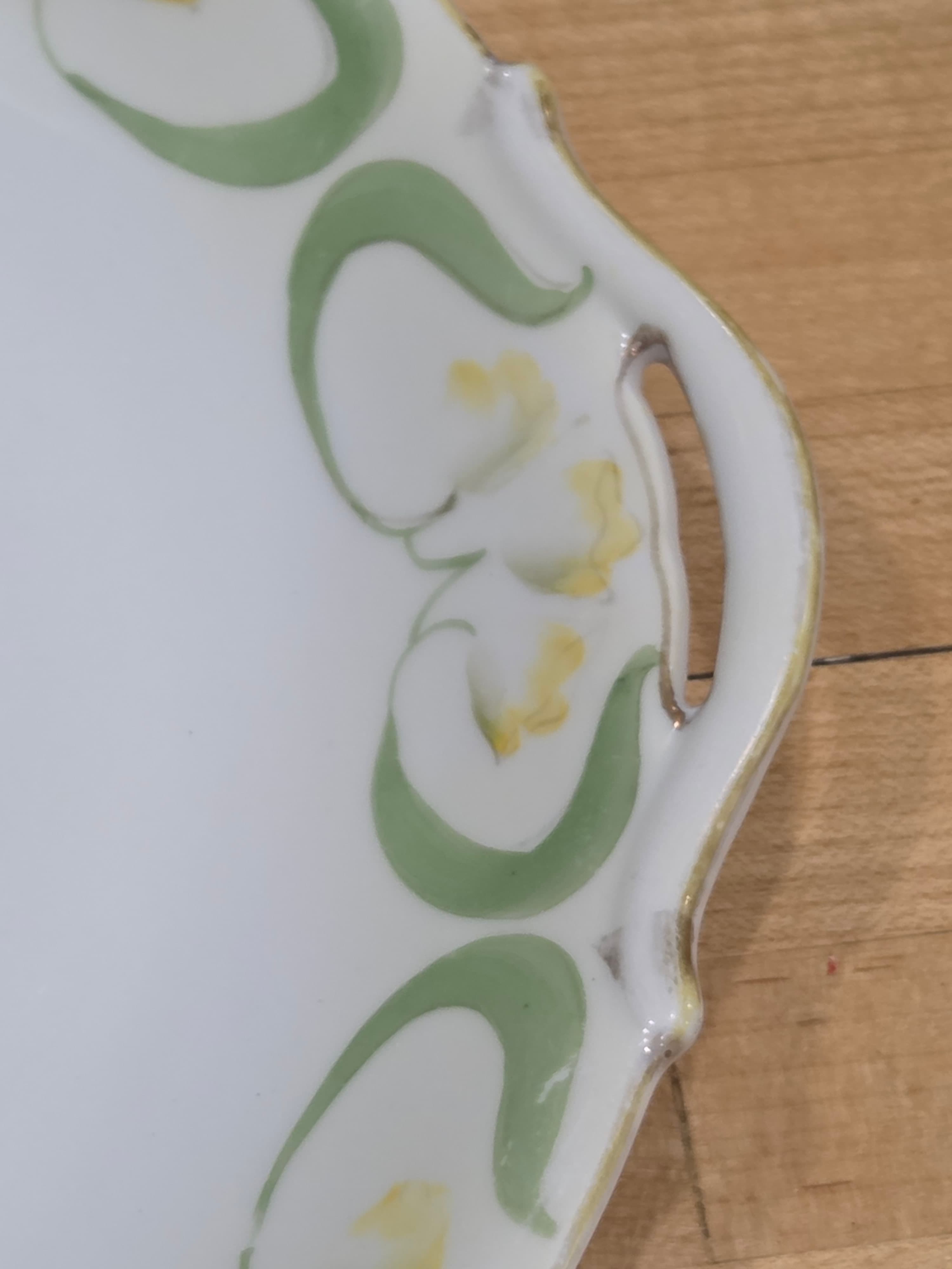 Antique Nippon Hand Painted Yellow Poppy Green Loop Handled Cake Plate - Thumbnail 3