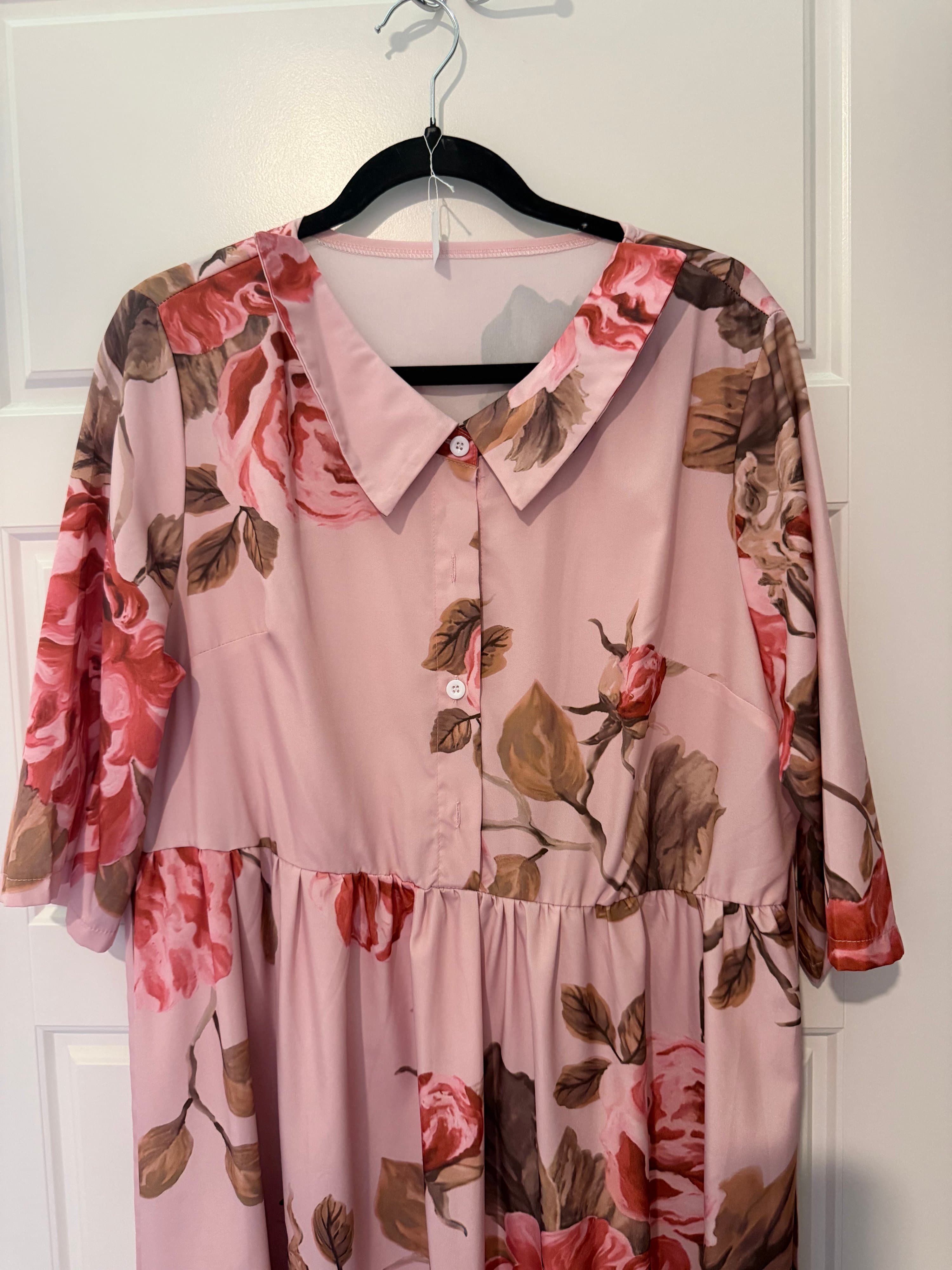 Floral Pink Dress XL with Button Front - Thumbnail 3