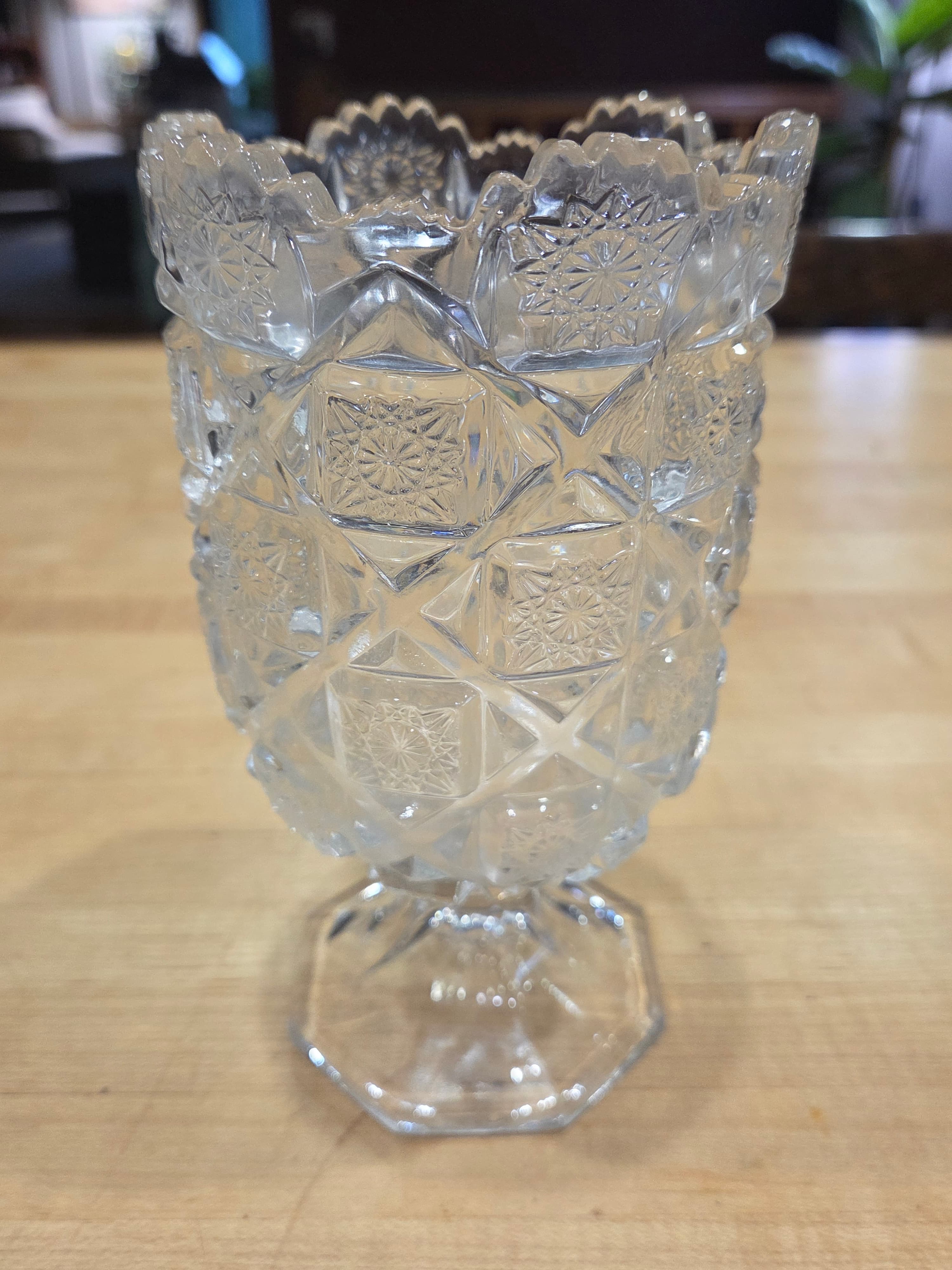 Vintage Imperial Glass Clear Daisy and Button Footed Vase 8 Inch