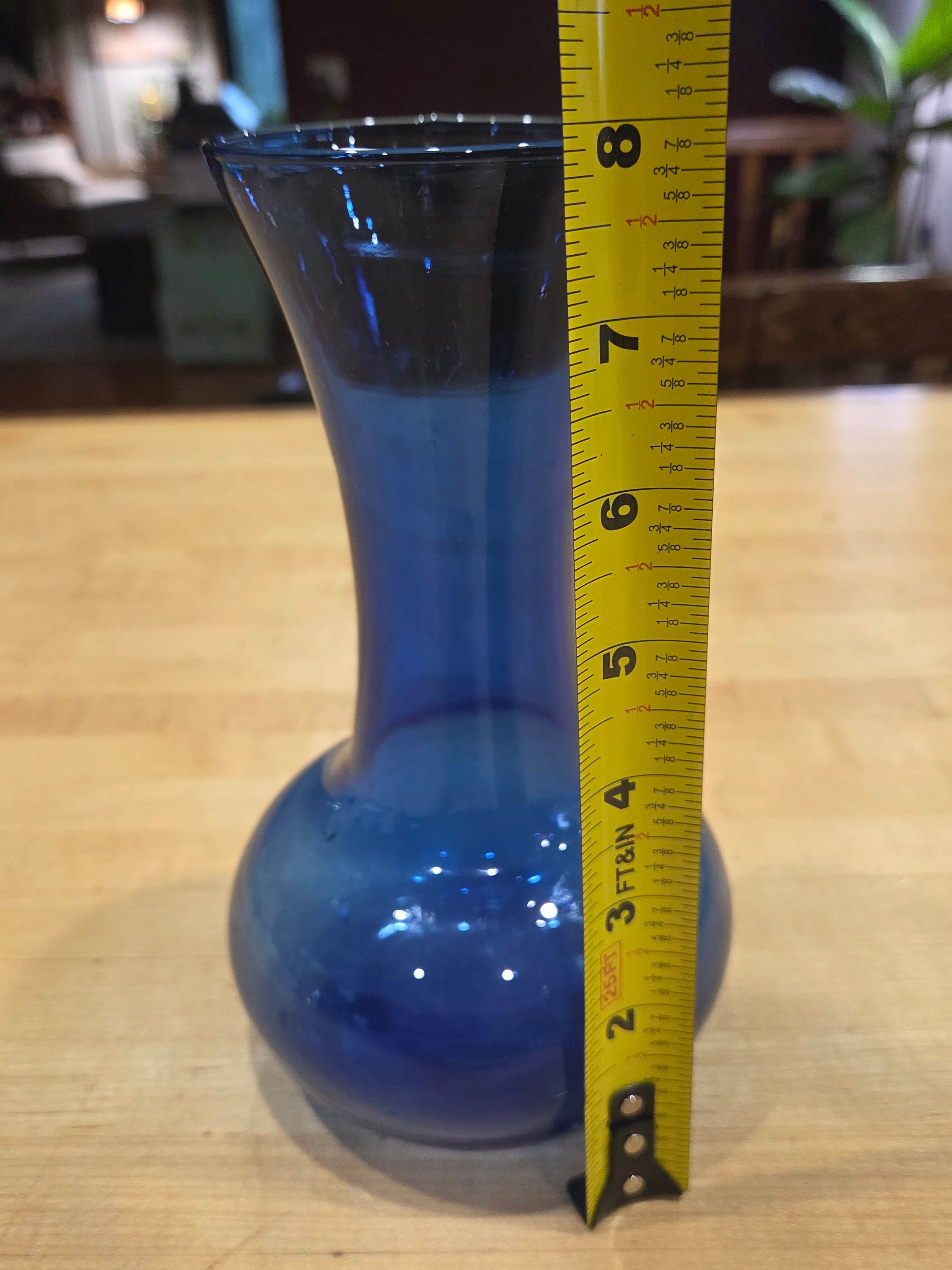 Vintage Cobalt Blue Hand Blown Glass Swirled Hourglass Bud Vase 8 Inch - Thumbnail 4
