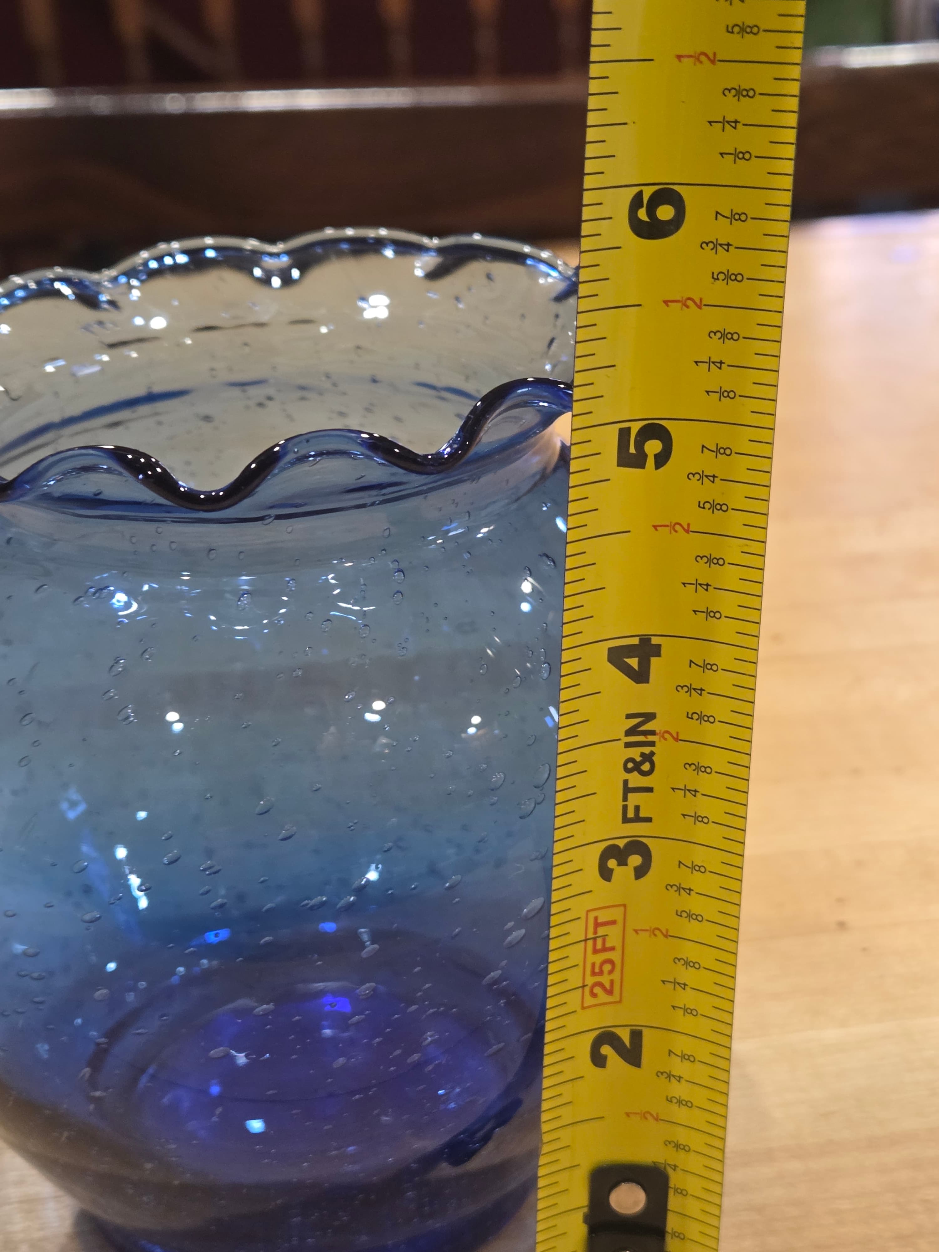 Vintage Pilgrim Glass Cobalt Blue Seeded Bubble Ruffled Rose Bowl Vase - Thumbnail 6