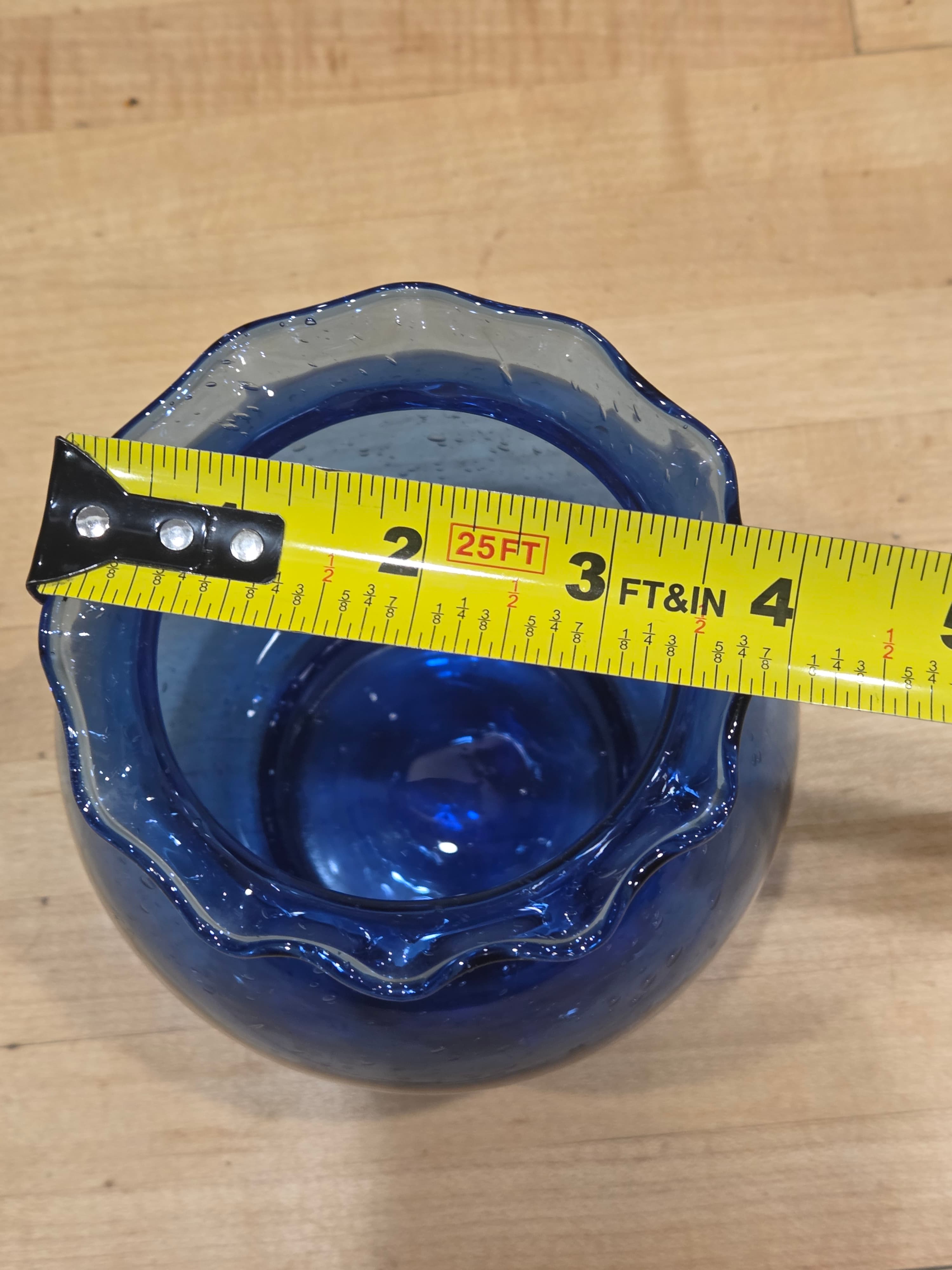 Vintage Pilgrim Glass Cobalt Blue Seeded Bubble Ruffled Rose Bowl Vase - Thumbnail 5