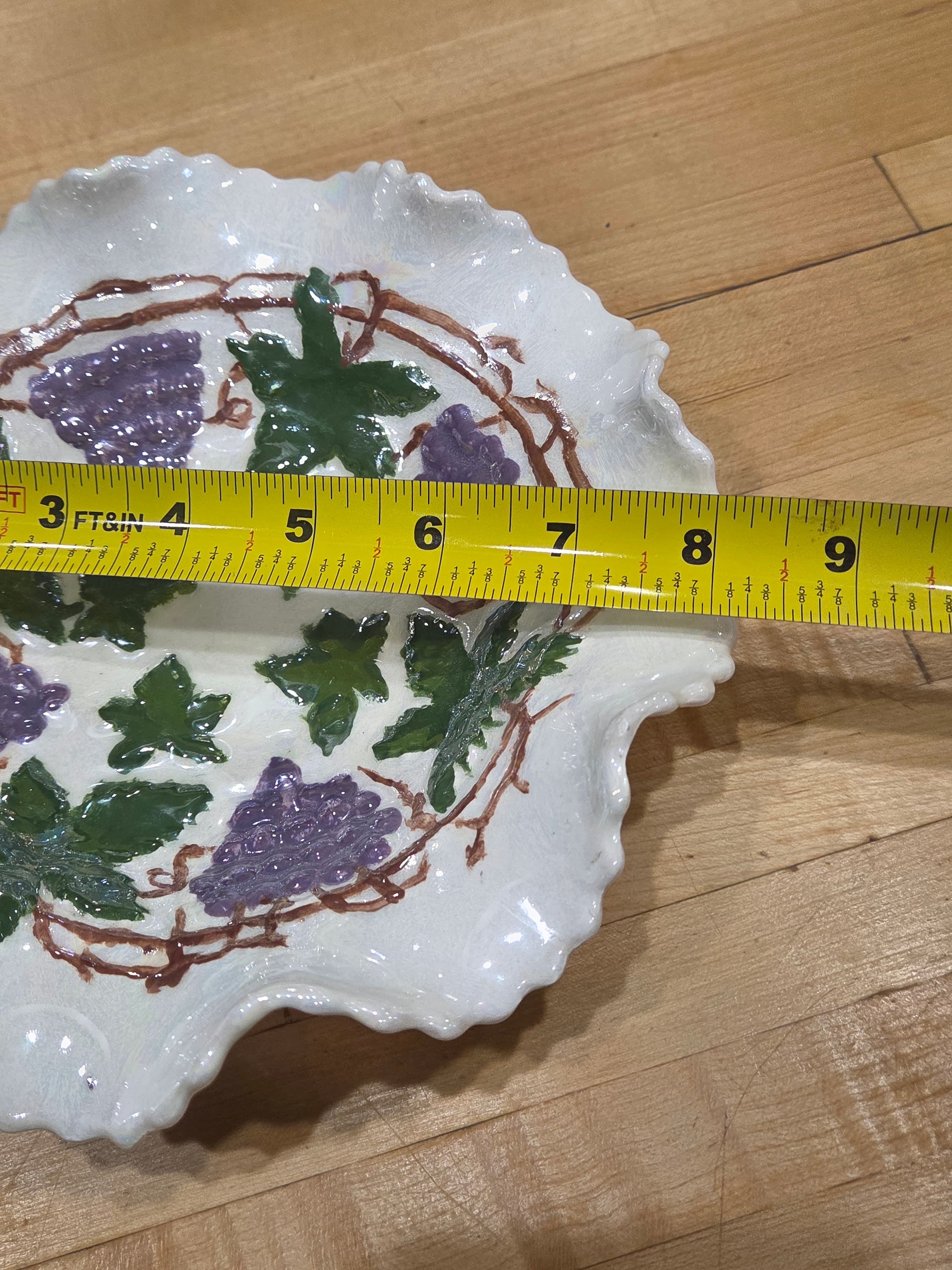 Vintage Hand Painted Porcelain Grapes Ruffled Lusterware Serving Bowl - Thumbnail 4