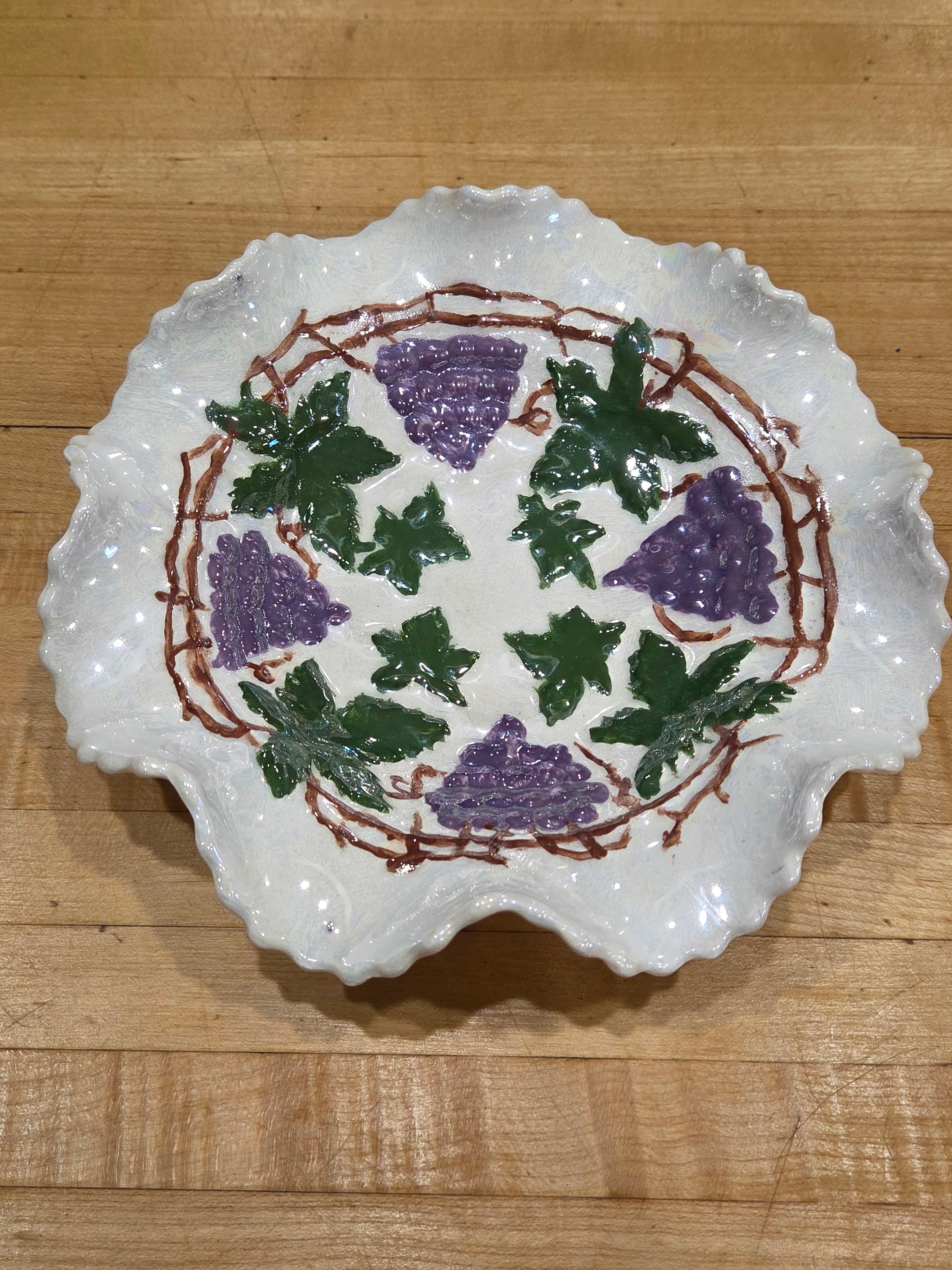 Vintage Hand Painted Porcelain Grapes Ruffled Lusterware Serving Bowl