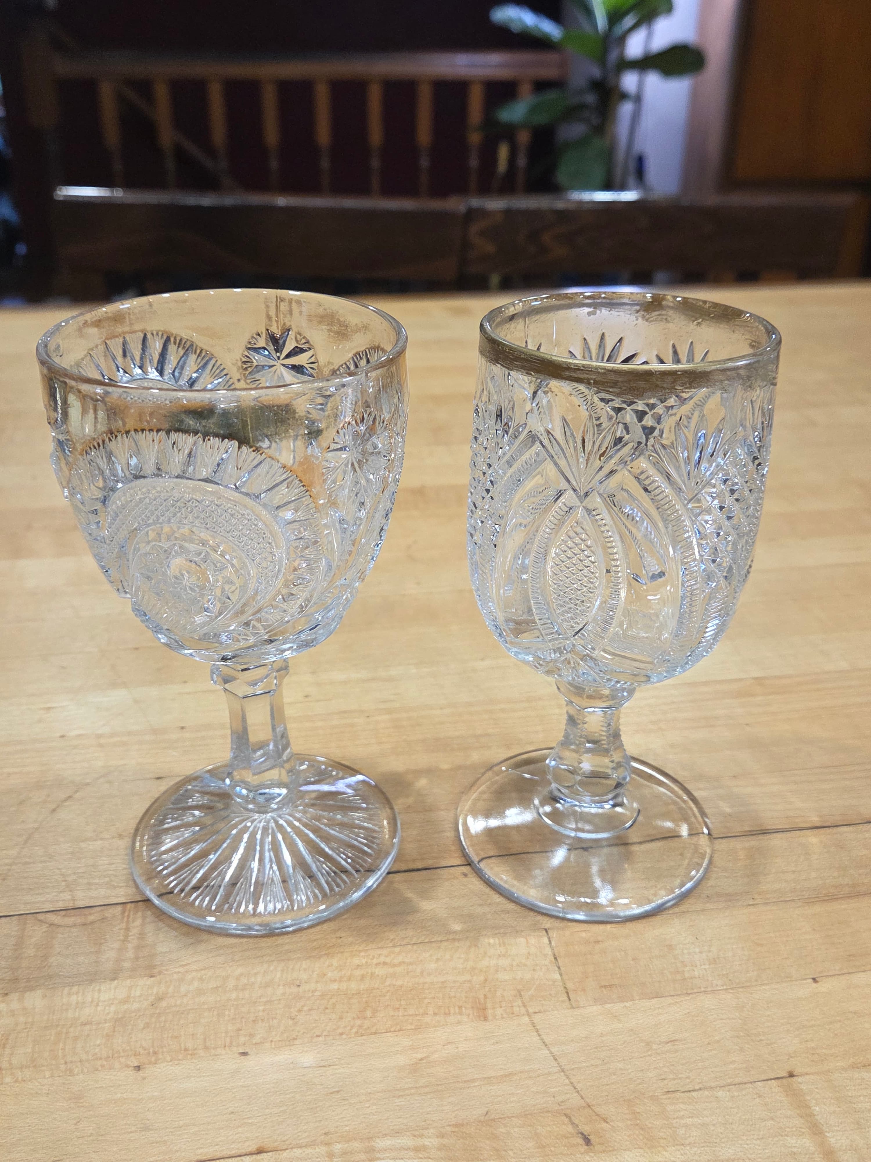Antique Mismatched EAPG Clear Pressed Glass Water Goblets Set of 2