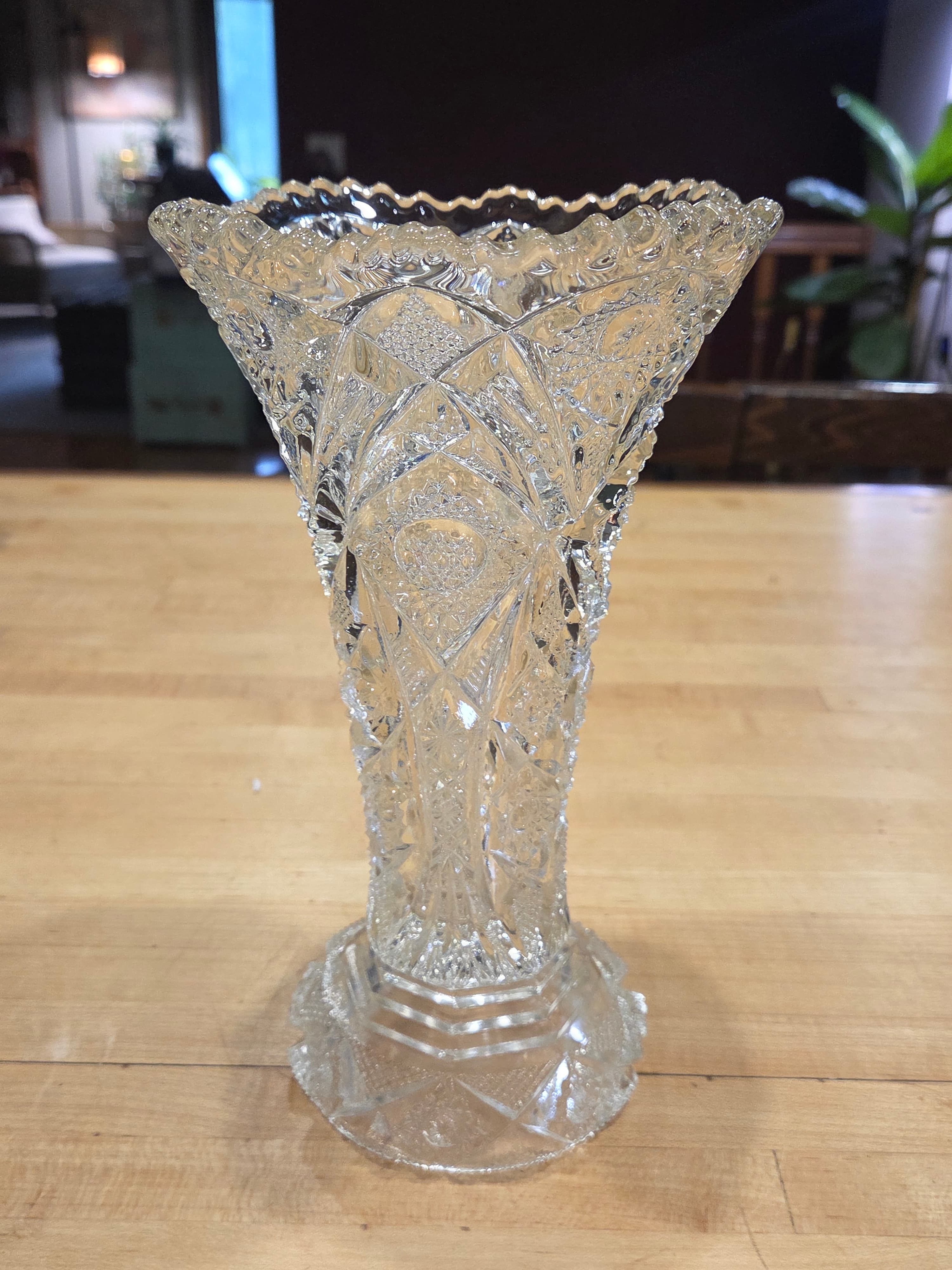 Antique Imperial Glass Clear Whirling Star Trumpet Vase 9.5 Inch