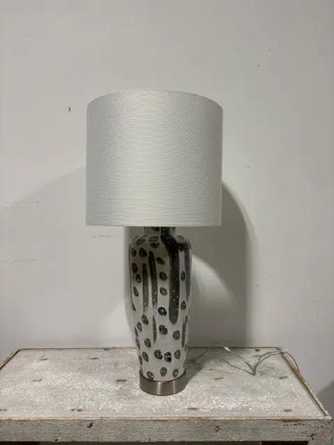 Blue And Tan Ceramic Lamp With Cream Shade