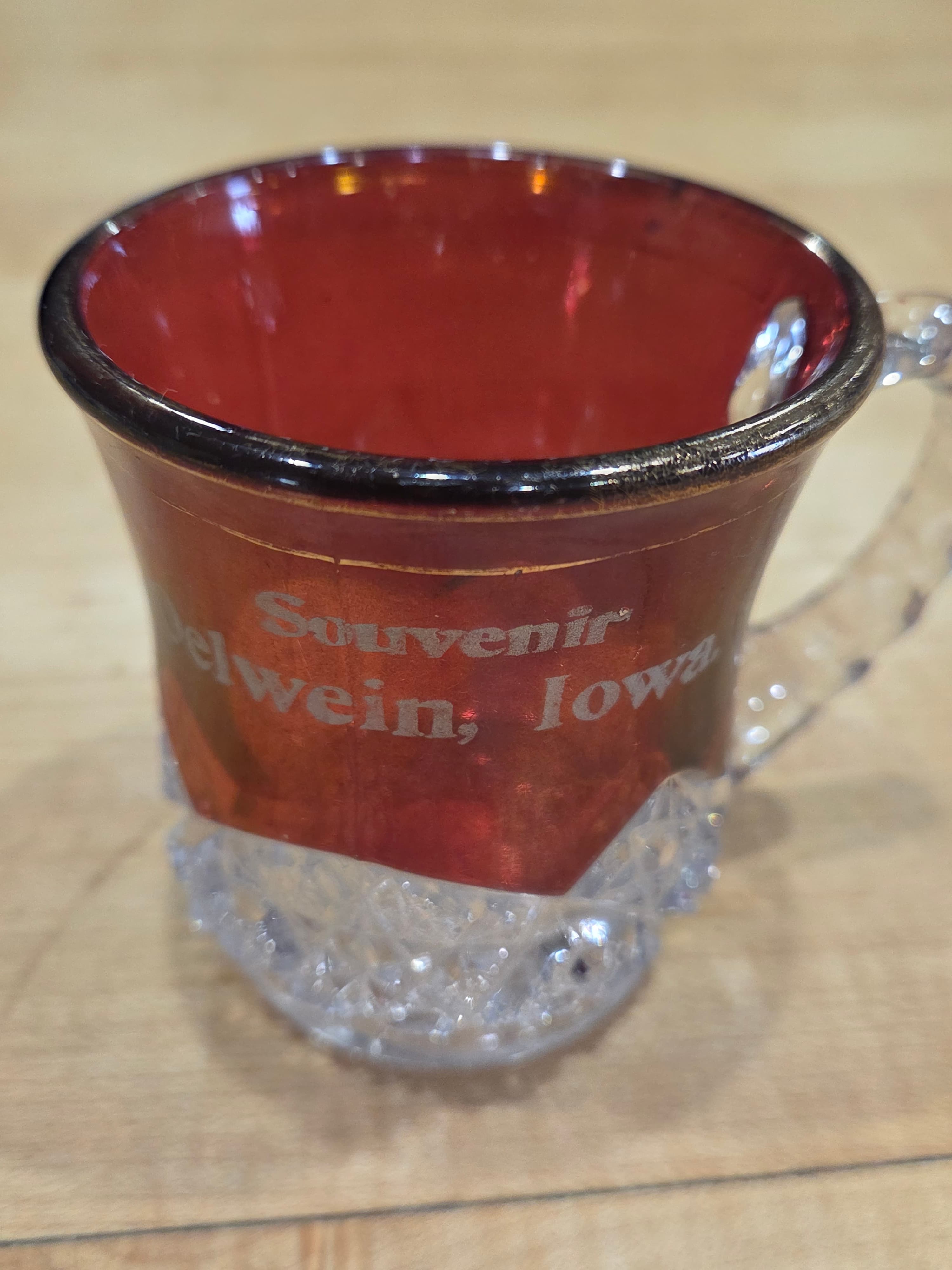 Antique EAPG Indiana Glass Okay Ruby Stained Souvenir Mug Oelwein Iowa - Thumbnail 2