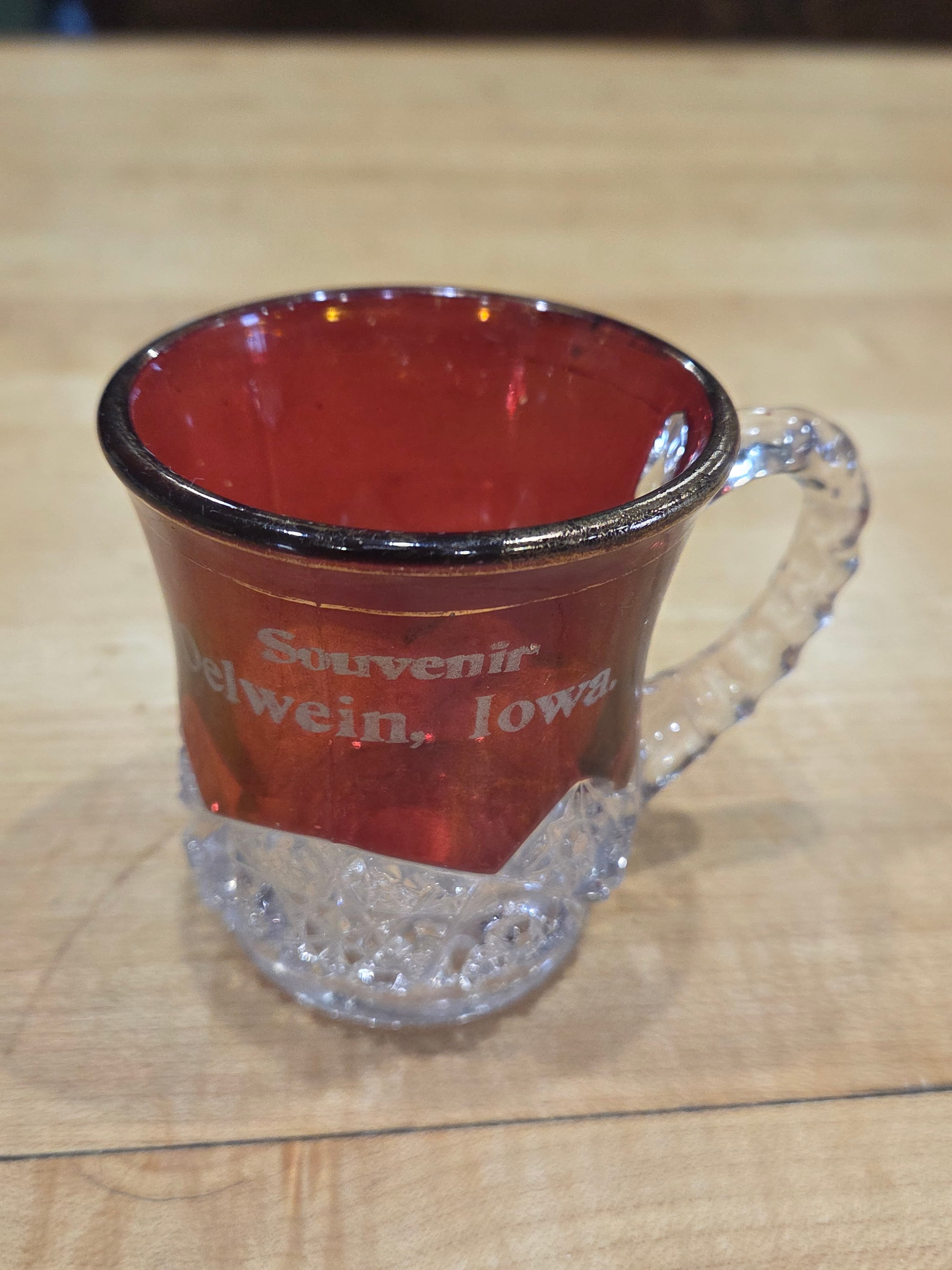 Antique EAPG Indiana Glass Okay Ruby Stained Souvenir Mug Oelwein Iowa - Thumbnail 3