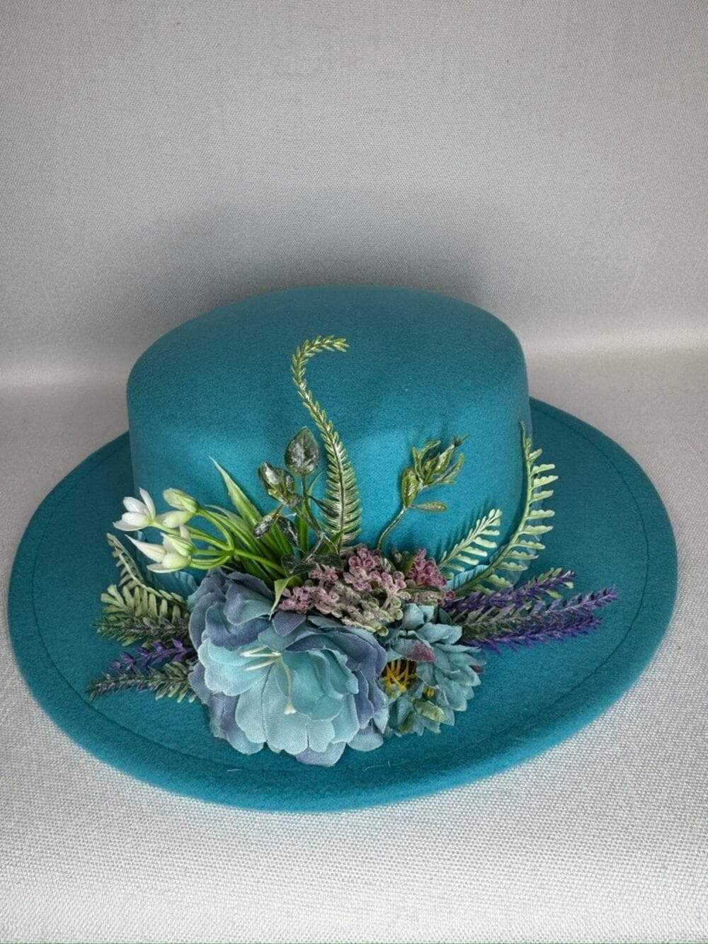 450. Teal Floral Derby Boater Hat Wide Brim One Size - Thumbnail 7