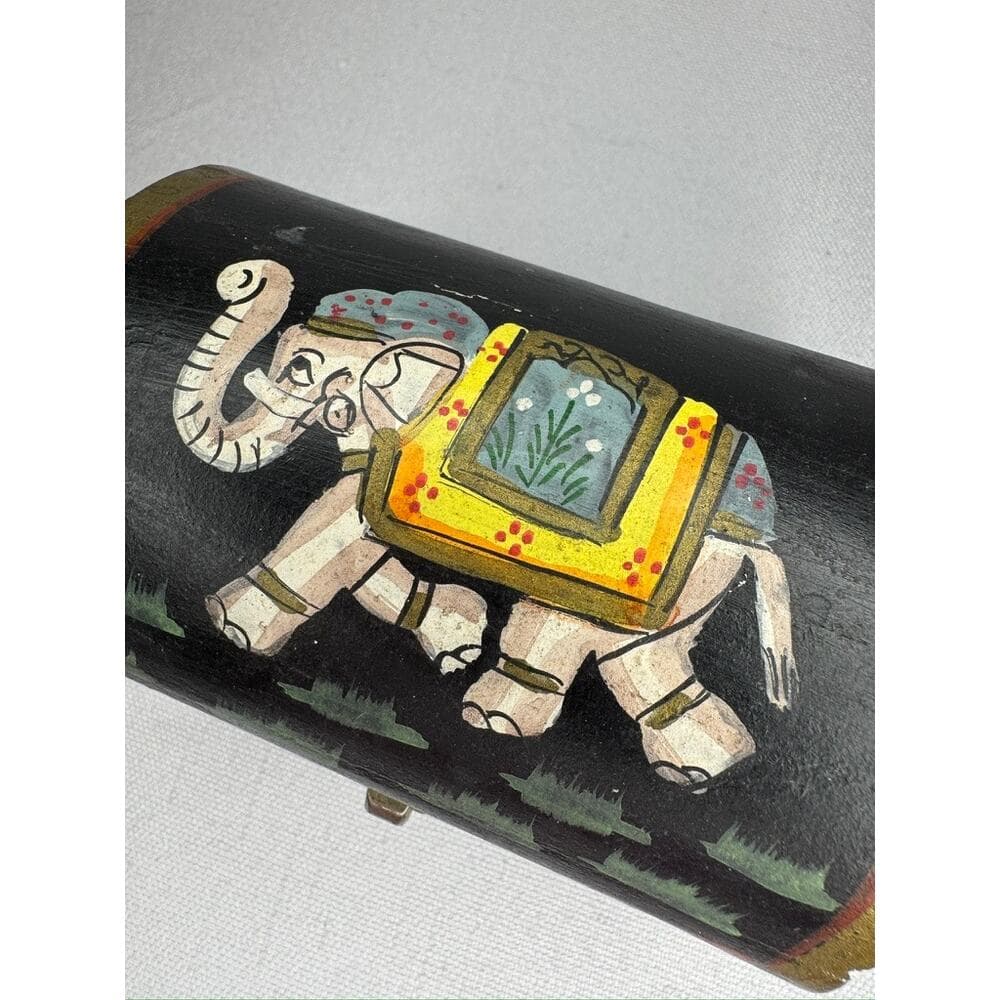 448. Vintage Hand Painted Wooden Elephant Trinket Box Black - Thumbnail 7
