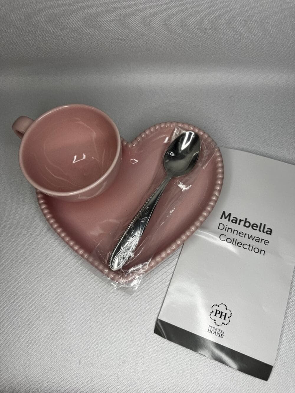 446. Marbelli Pink Heart Mug Plate & Spoon Snack Set NWOT - Thumbnail 5
