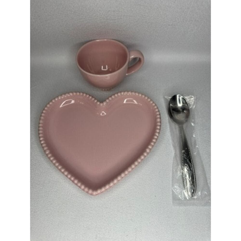 446. Marbelli Pink Heart Mug Plate & Spoon Snack Set NWOT - Thumbnail 2