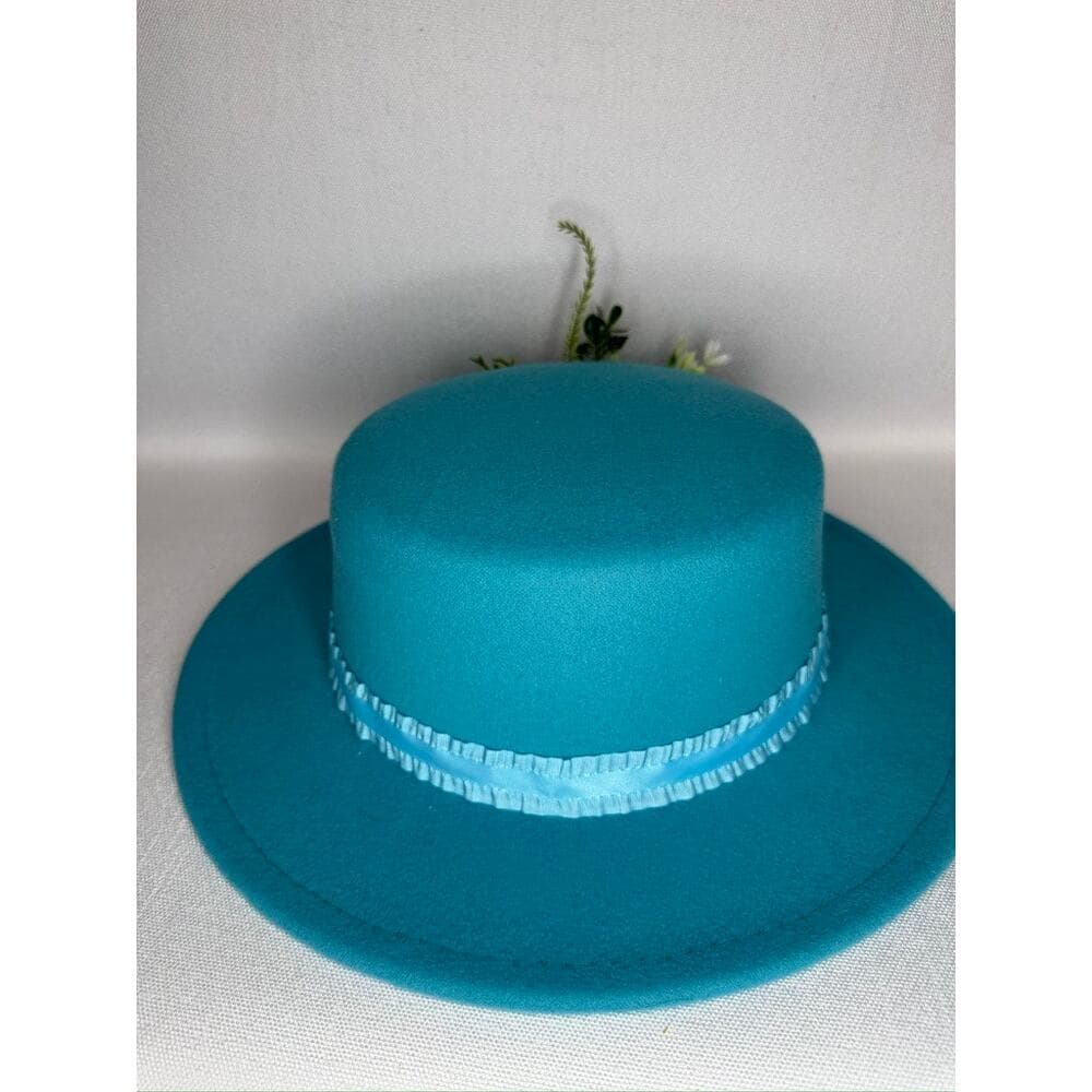 450. Teal Floral Derby Boater Hat Wide Brim One Size - Thumbnail 2