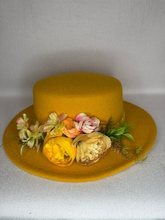 449. Mustard Yellow Floral Derby Boater Hat Wide Brim One Size - Thumbnail 9