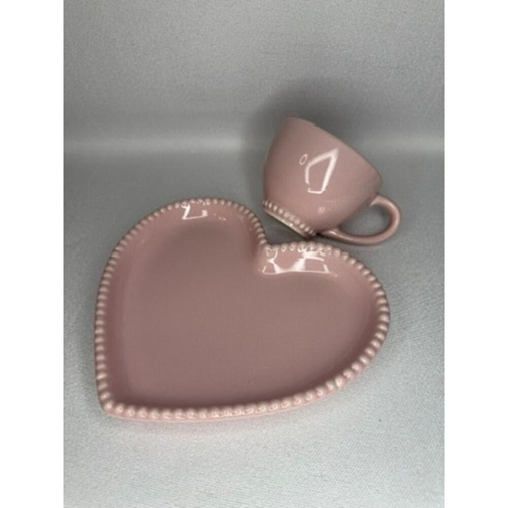 446. Marbelli Pink Heart Mug Plate & Spoon Snack Set NWOT - Thumbnail 3