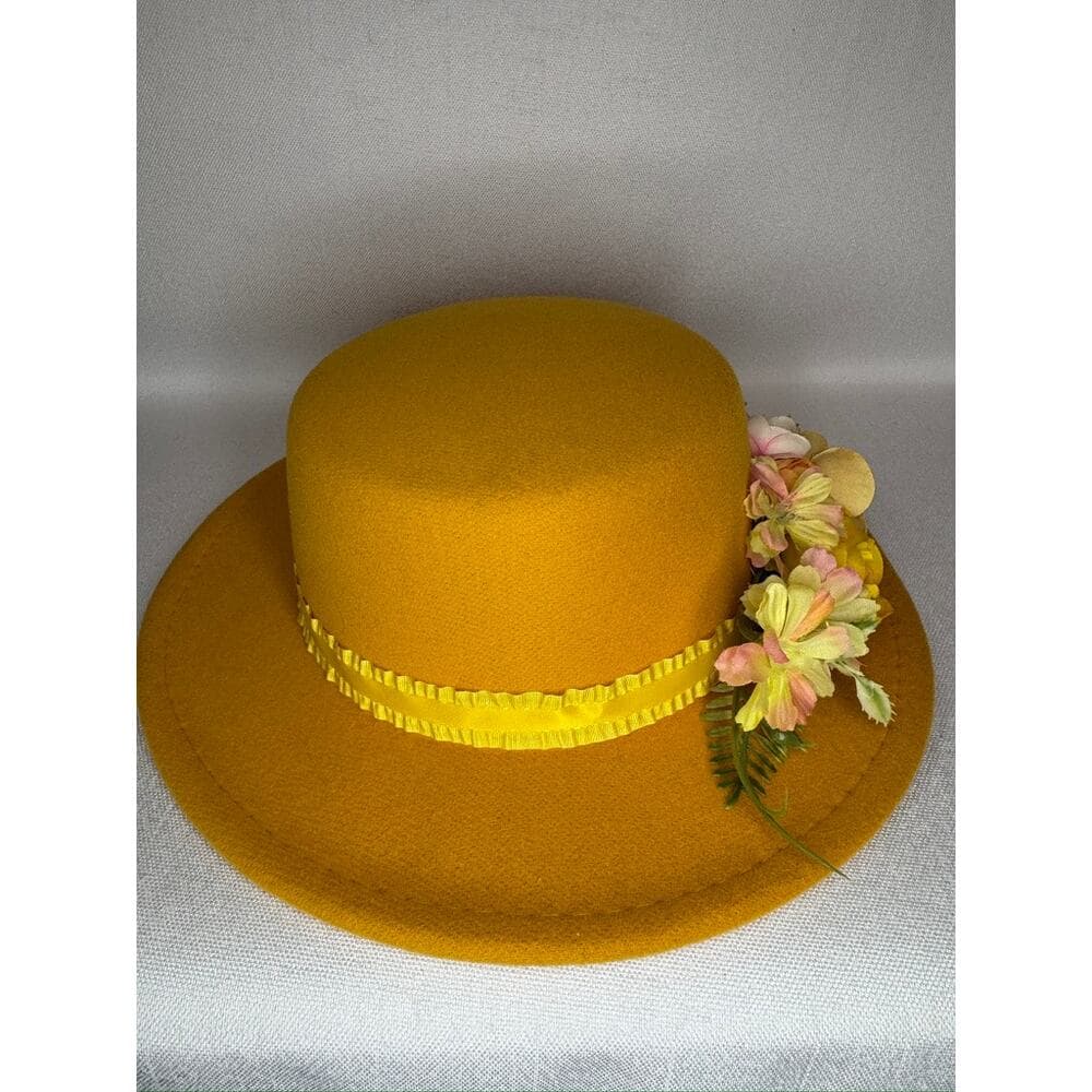 449. Mustard Yellow Floral Derby Boater Hat Wide Brim One Size - Thumbnail 2