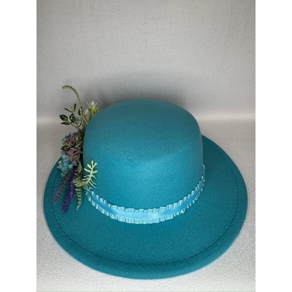 450. Teal Floral Derby Boater Hat Wide Brim One Size - Thumbnail 3
