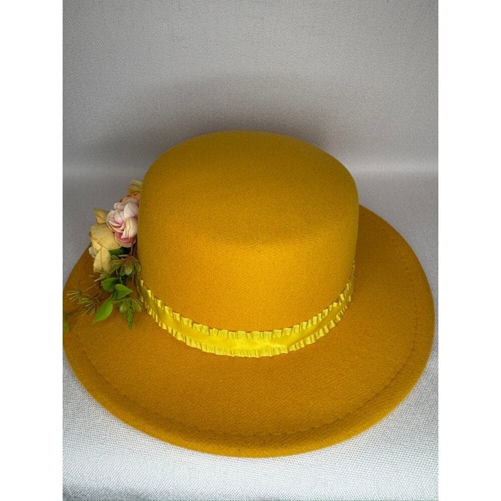 449. Mustard Yellow Floral Derby Boater Hat Wide Brim One Size - Thumbnail 3