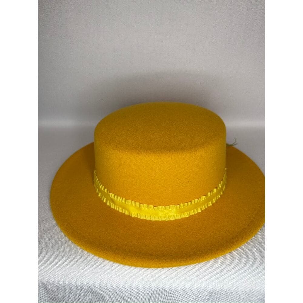 449. Mustard Yellow Floral Derby Boater Hat Wide Brim One Size - Thumbnail 4