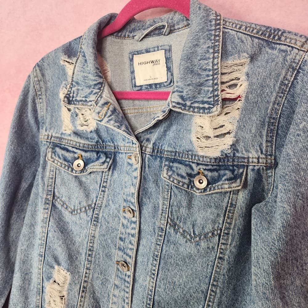 198. Highway Jeans Distressed Denim Jacket Light Wash Size L - Thumbnail 3