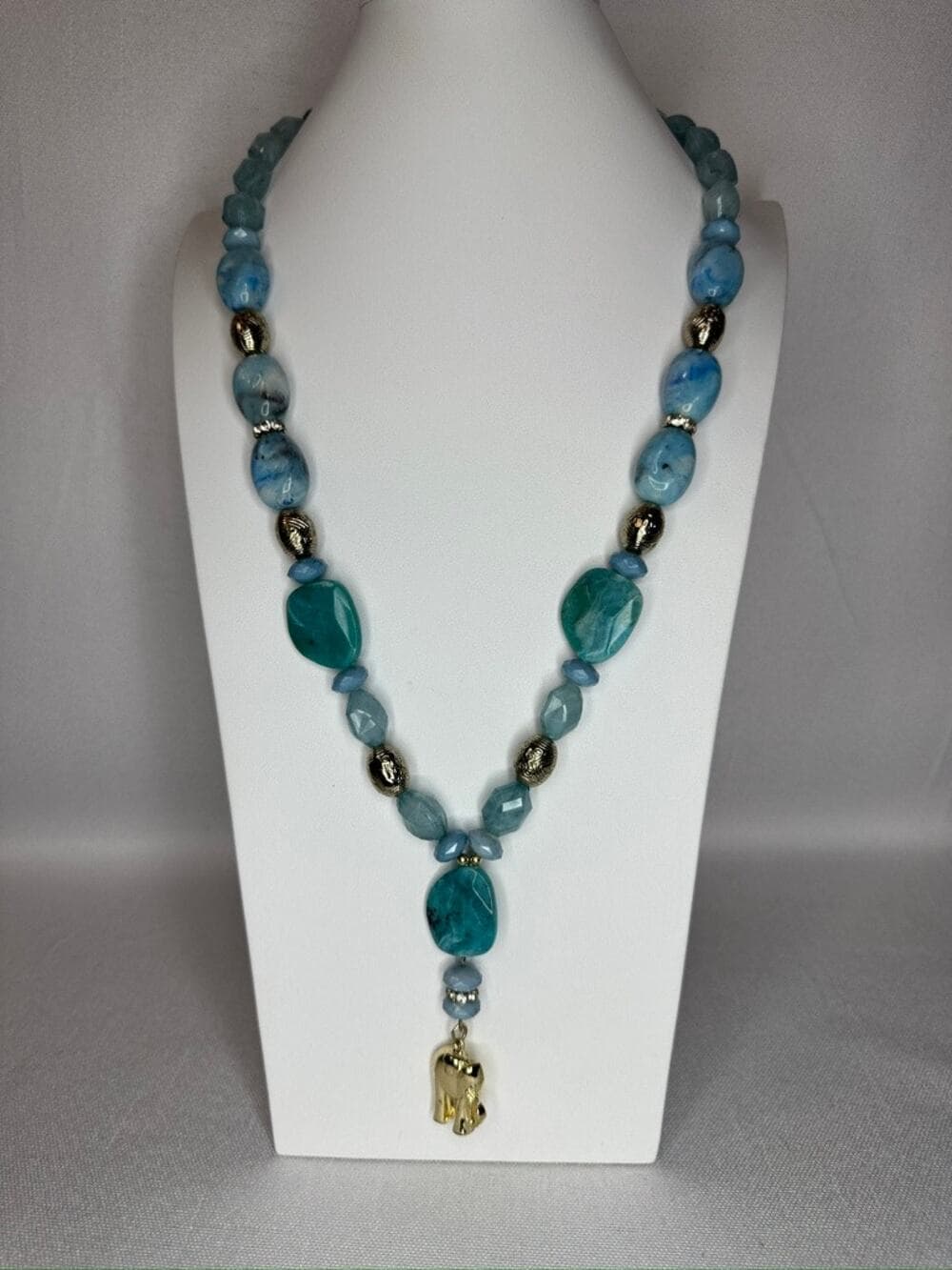 447. Blue Aqua Beaded Statement Necklace Gold Tone Elephant Charm - Thumbnail 6