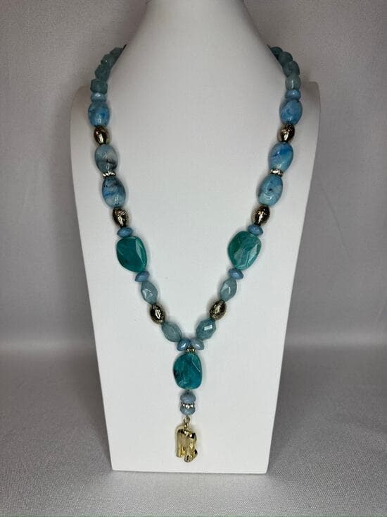 447. Blue Aqua Beaded Statement Necklace Gold Tone Elephant Charm - Thumbnail 7
