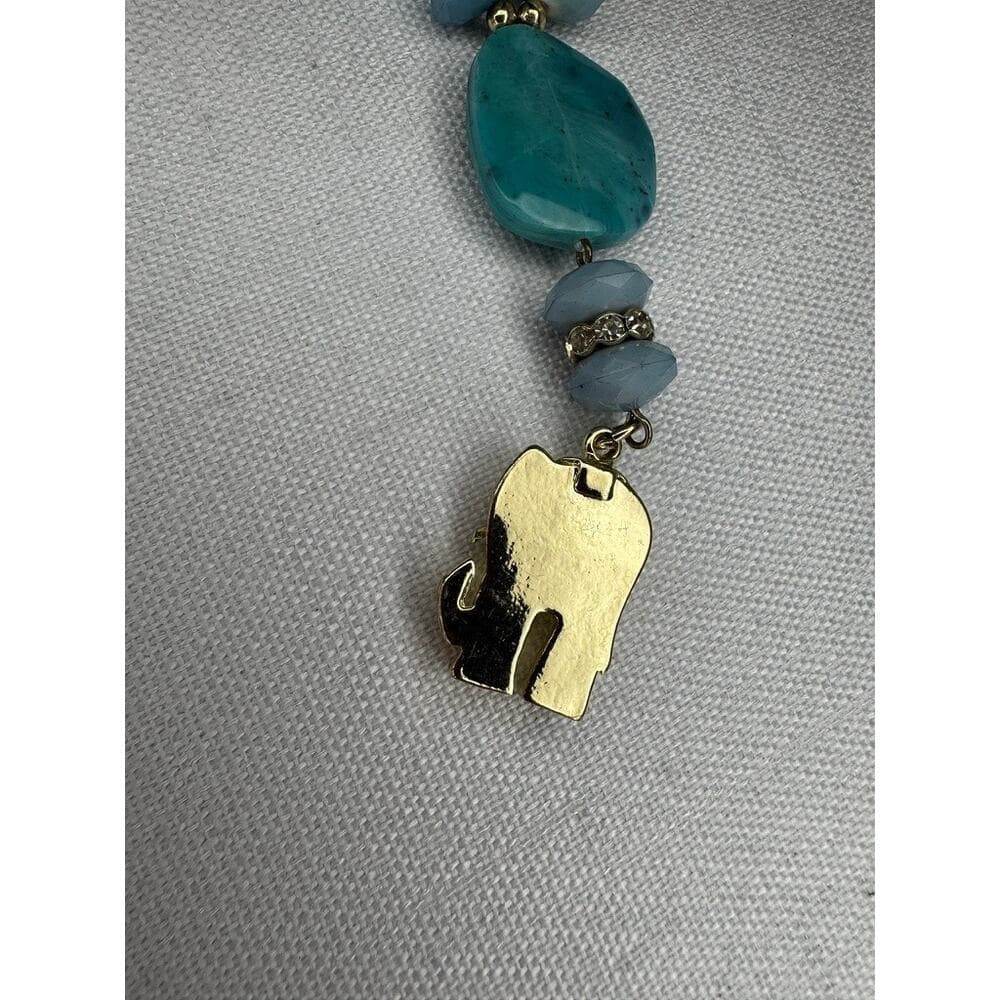 447. Blue Aqua Beaded Statement Necklace Gold Tone Elephant Charm - Thumbnail 4