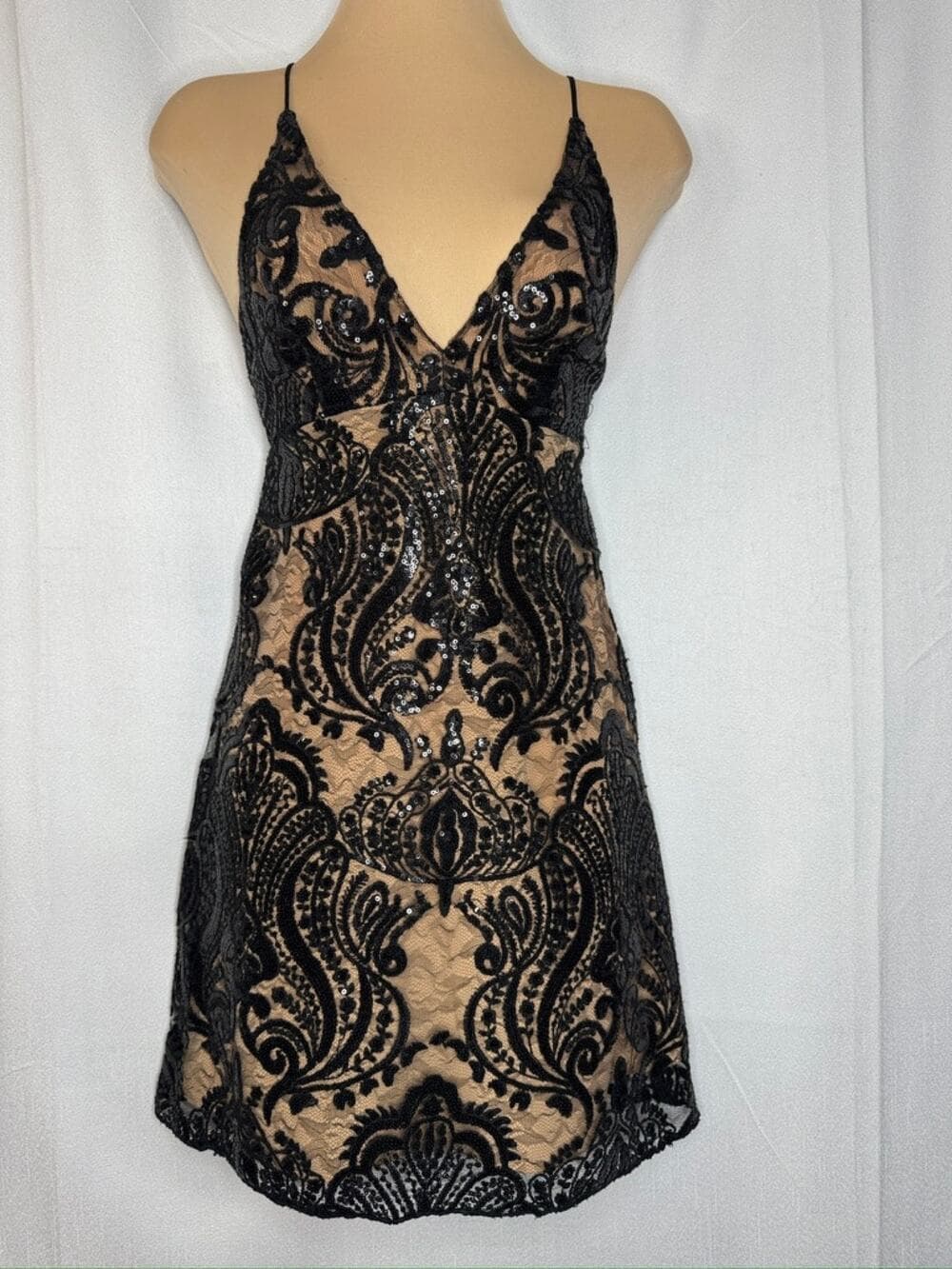 434. Free People Sequin Lace Slip Dress Beige Black Size 0 - Thumbnail 8