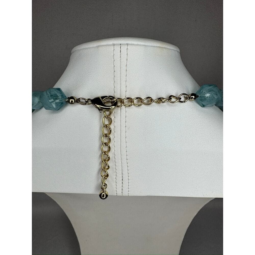 447. Blue Aqua Beaded Statement Necklace Gold Tone Elephant Charm - Thumbnail 5