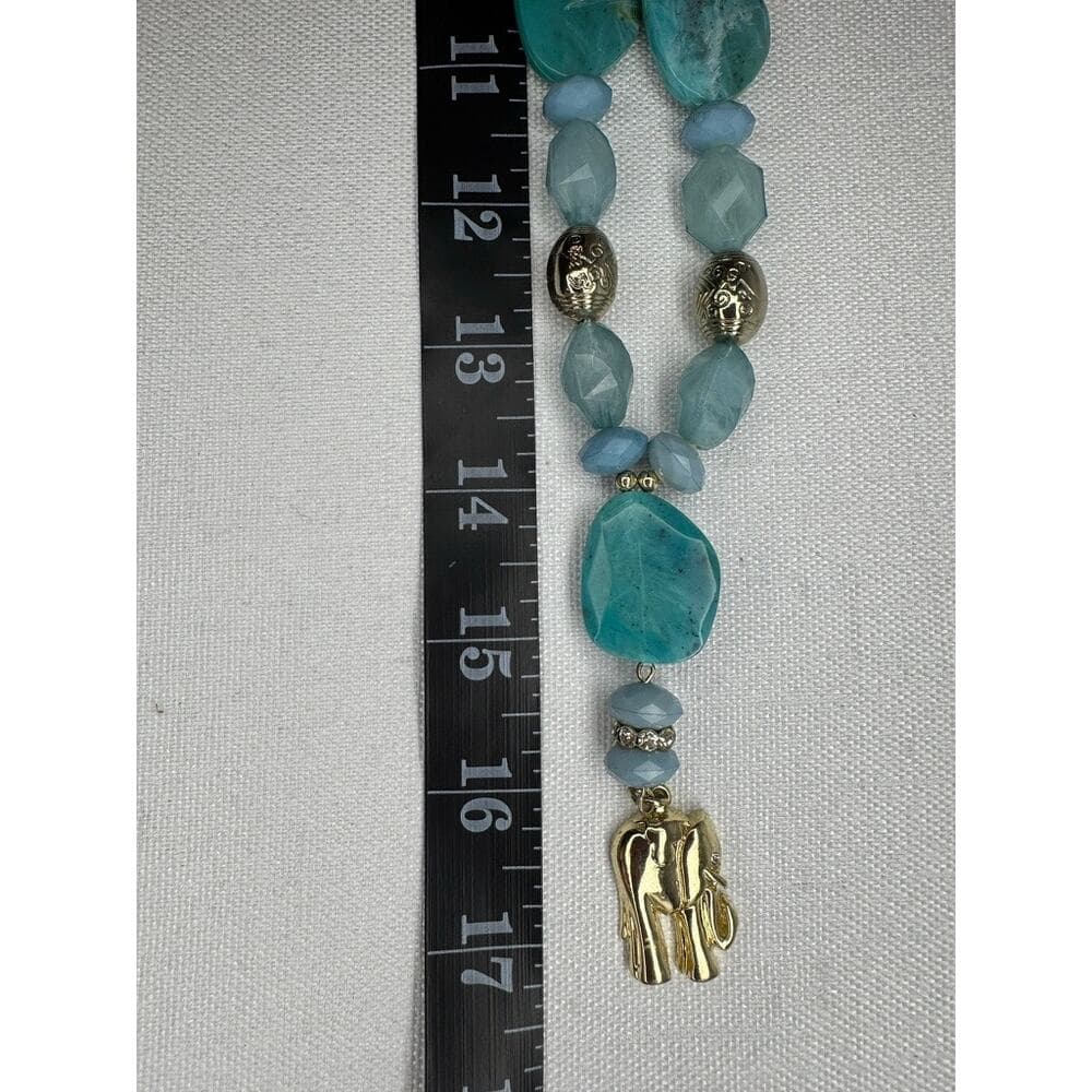 447. Blue Aqua Beaded Statement Necklace Gold Tone Elephant Charm - Thumbnail 3