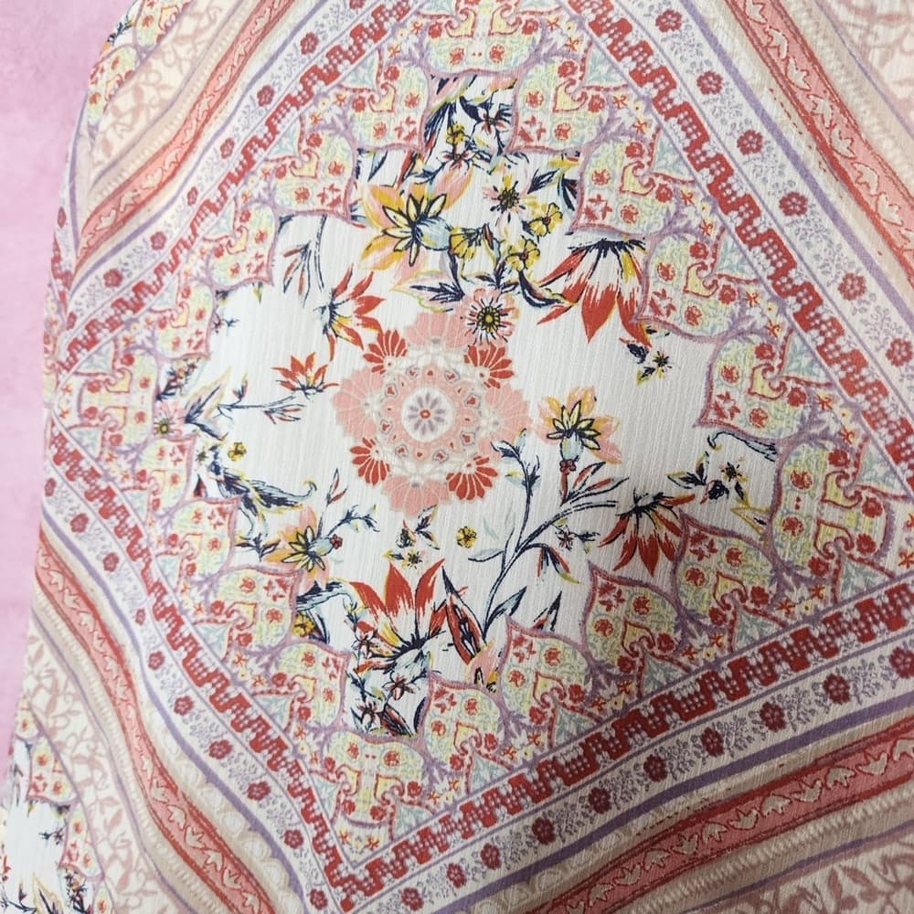 176. Rewind Kimono Small Boho Floral Print Crochet Trim Open Front - Thumbnail 4