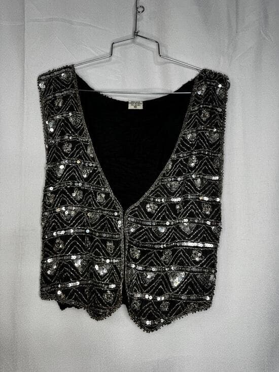 415. Beaded Sequin Silk Vest Size M Black Silver - Thumbnail 8