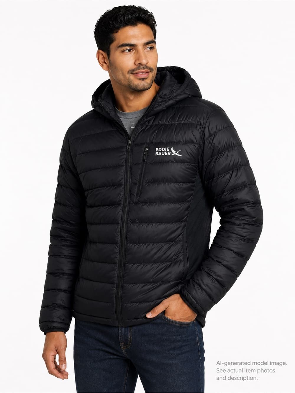 291. Eddie Bauer 550 Down Hooded Puffer Jacket Black Men’s XL - Thumbnail 7
