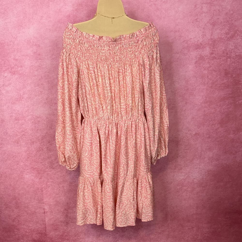 125. H&M Pink Off Shoulder Smocked Long Sleeve Dress L - Thumbnail 3