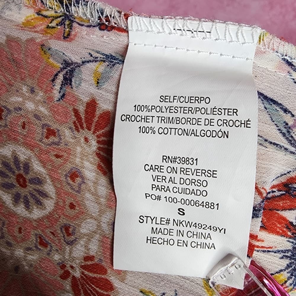 176. Rewind Kimono Small Boho Floral Print Crochet Trim Open Front - Thumbnail 5