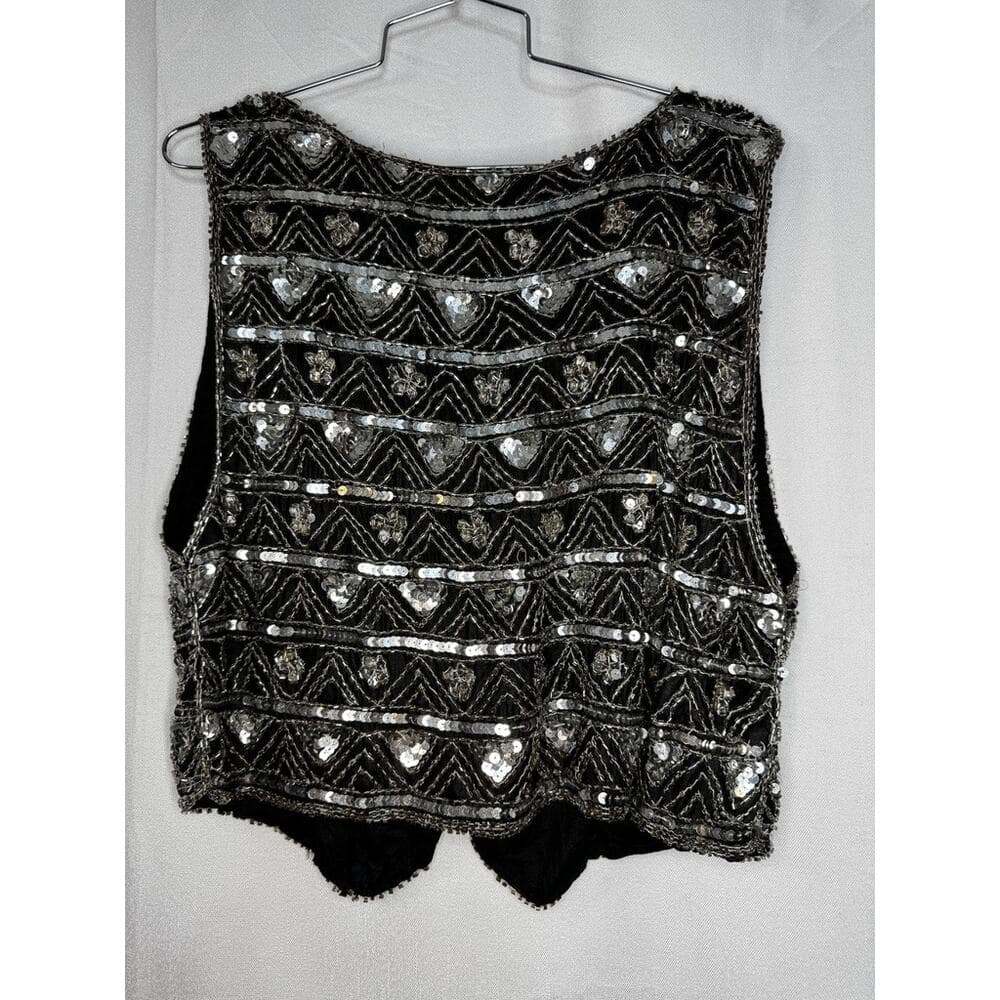 415. Beaded Sequin Silk Vest Size M Black Silver