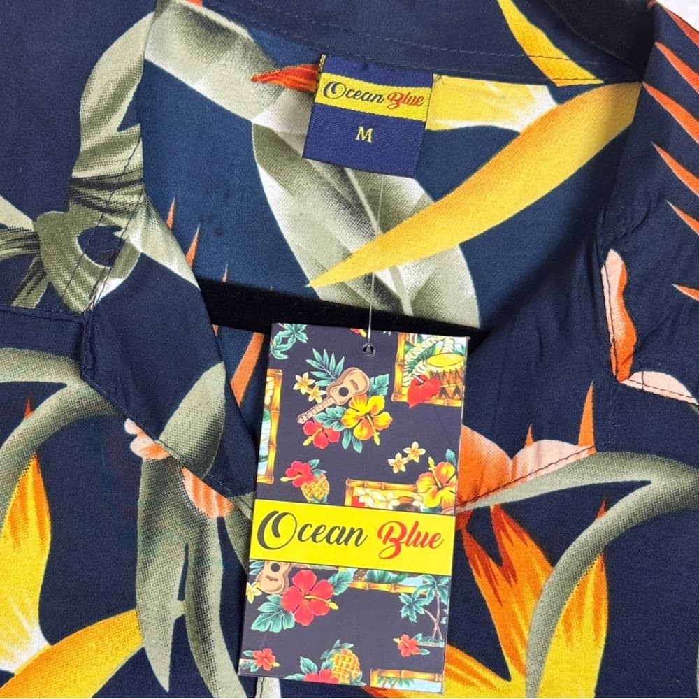 292. Ocean Blue Tropical Hawaiian Short Sleeve Button Up Shirt M - Thumbnail 4