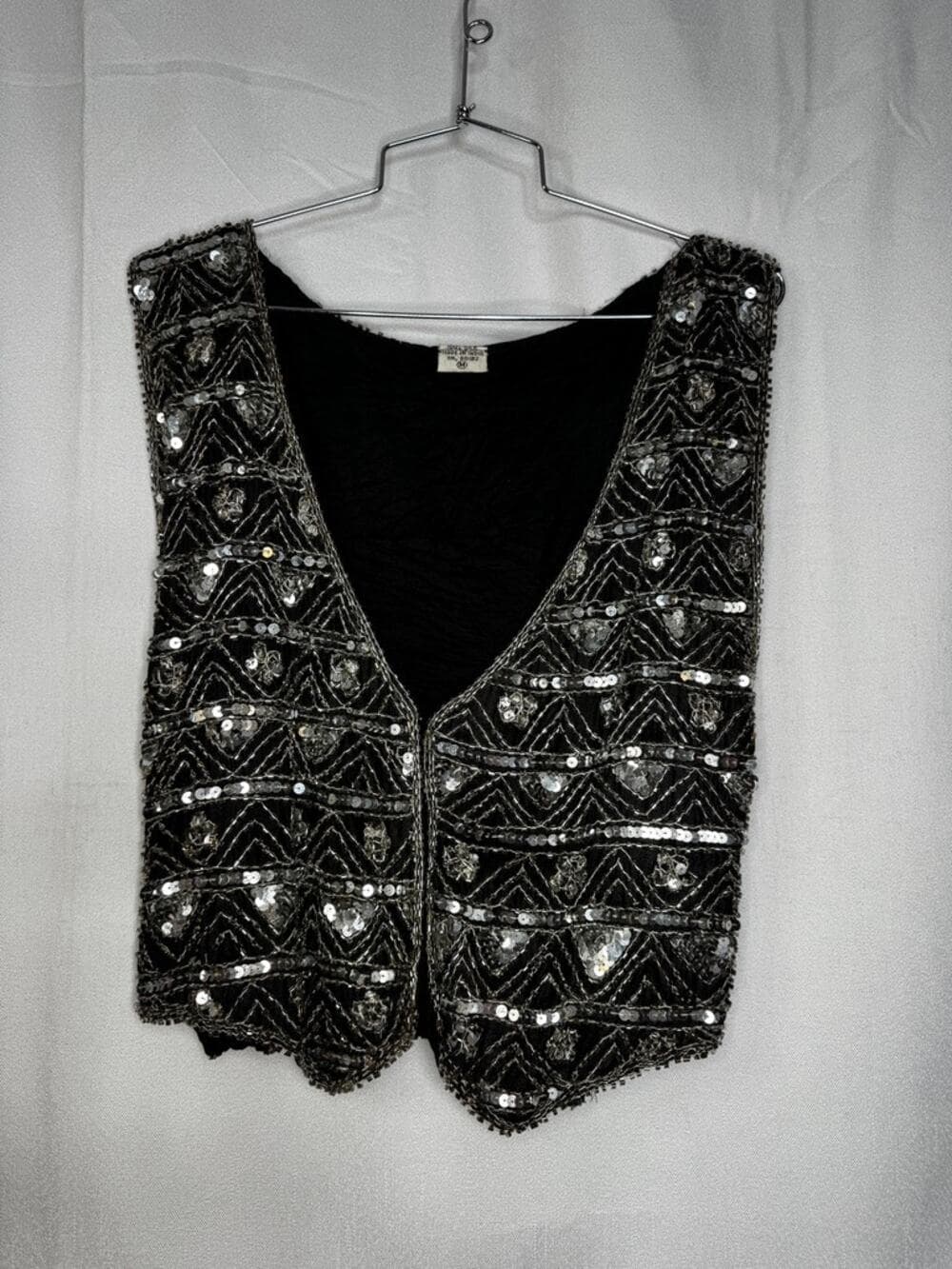 415. Beaded Sequin Silk Vest Size M Black Silver - Thumbnail 7