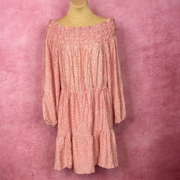 125. H&M Pink Off Shoulder Smocked Long Sleeve Dress L - Thumbnail 7