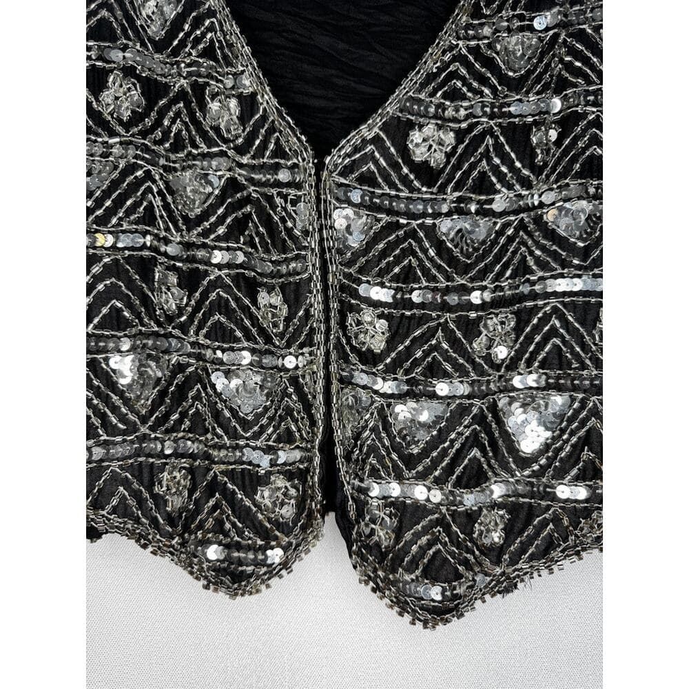 415. Beaded Sequin Silk Vest Size M Black Silver - Thumbnail 3