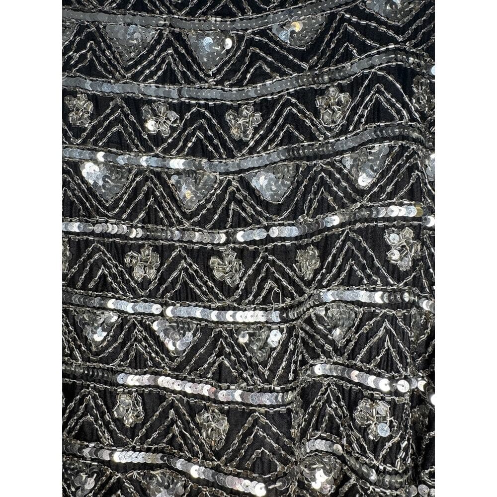 415. Beaded Sequin Silk Vest Size M Black Silver - Thumbnail 6