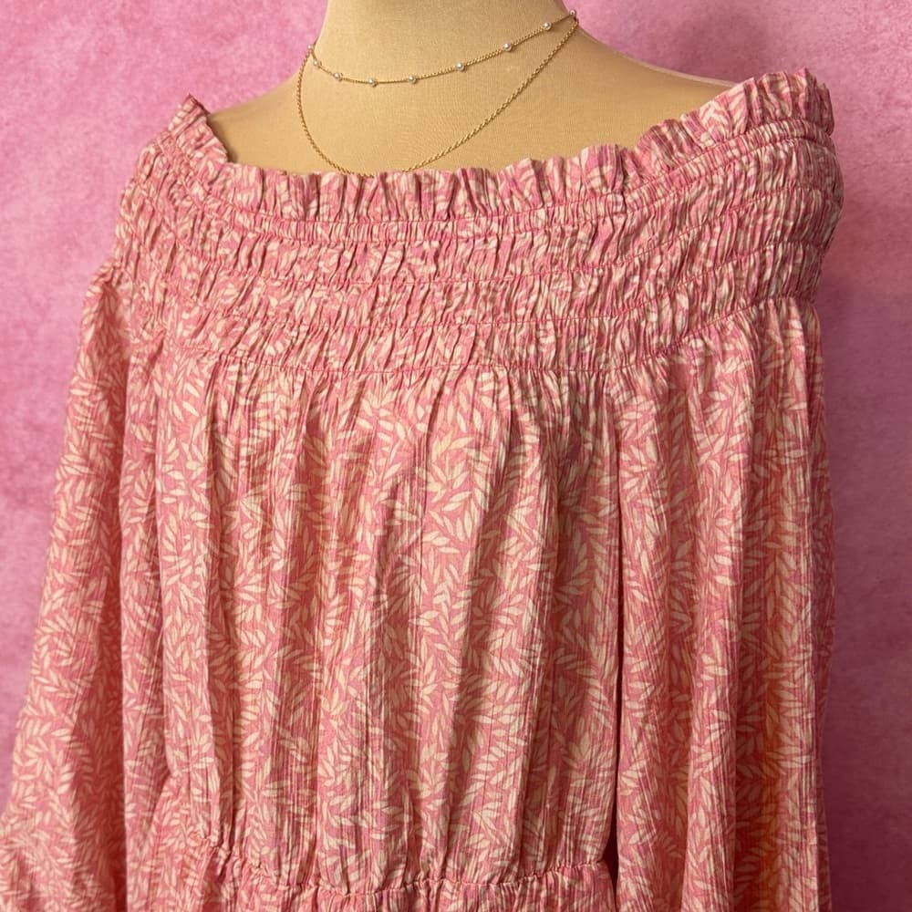 125. H&M Pink Off Shoulder Smocked Long Sleeve Dress L - Thumbnail 2
