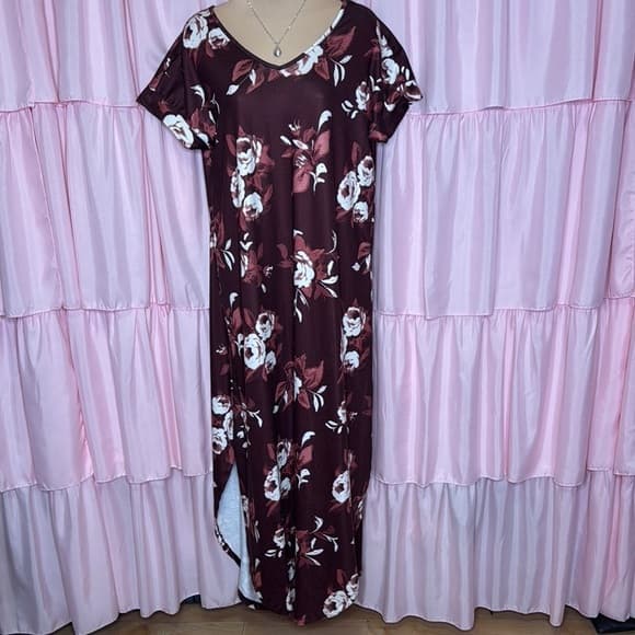 96. LuLaRoe Floral Maxi Dress S Burgundy Pink White Roses Stretchy Oversized Sm - Thumbnail 8