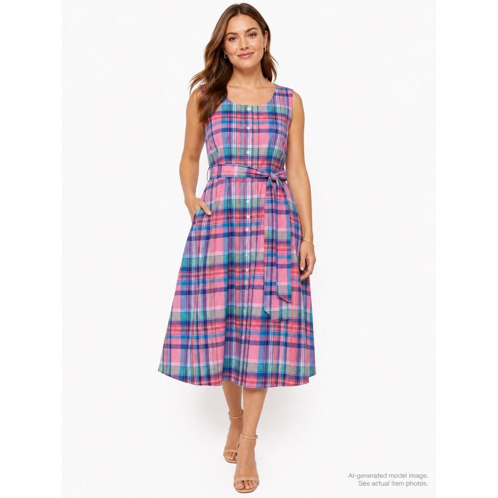 354. NWT Talbots Pink Blue Plaid Sleeveless Belted Dress Size 14 - Thumbnail 10