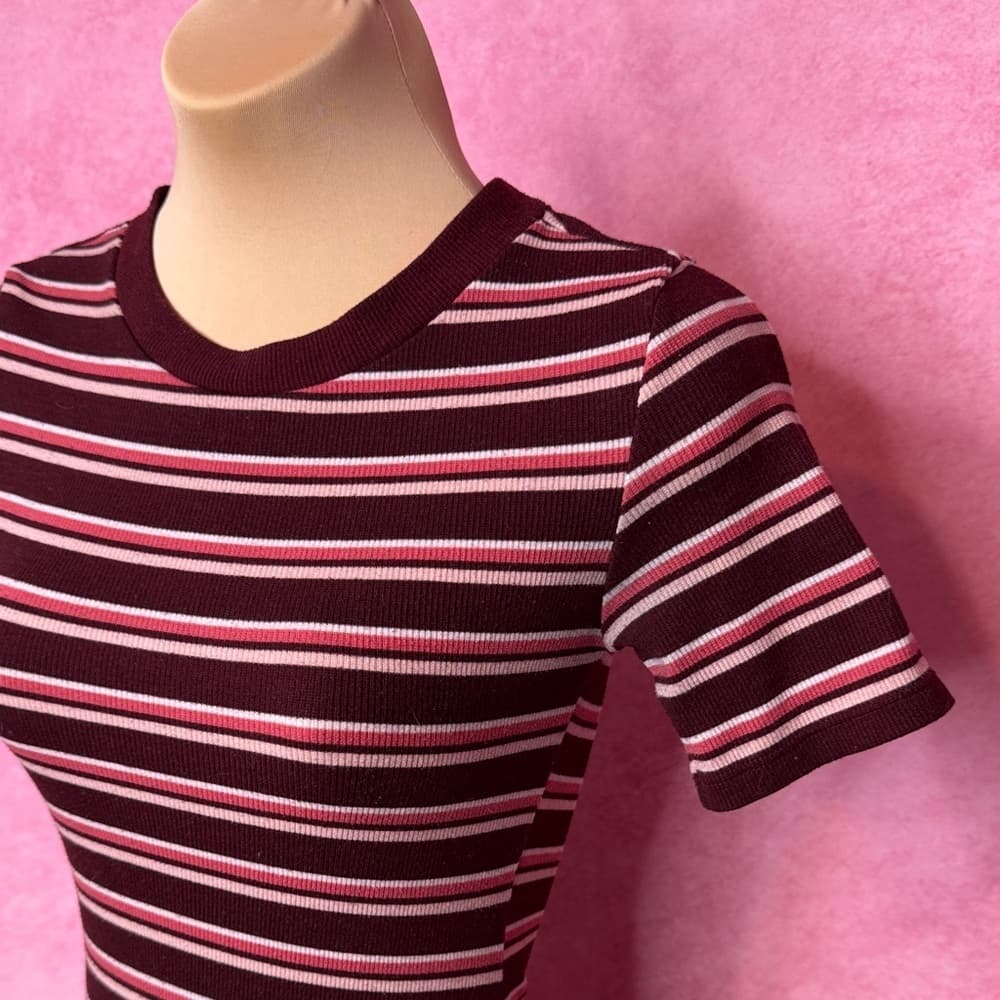 120- H&M Divided Striped Bodycon Mini Dress Maroon Pink White Size 0 - Thumbnail 2