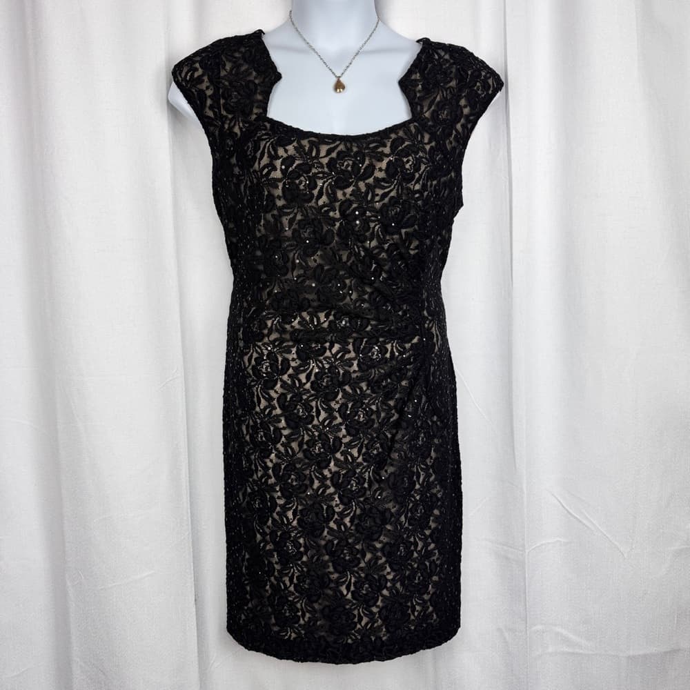 327. TAHARI Arthur S. Levine Black Lace Sequin Cocktail Dress Size 16 - Thumbnail 2